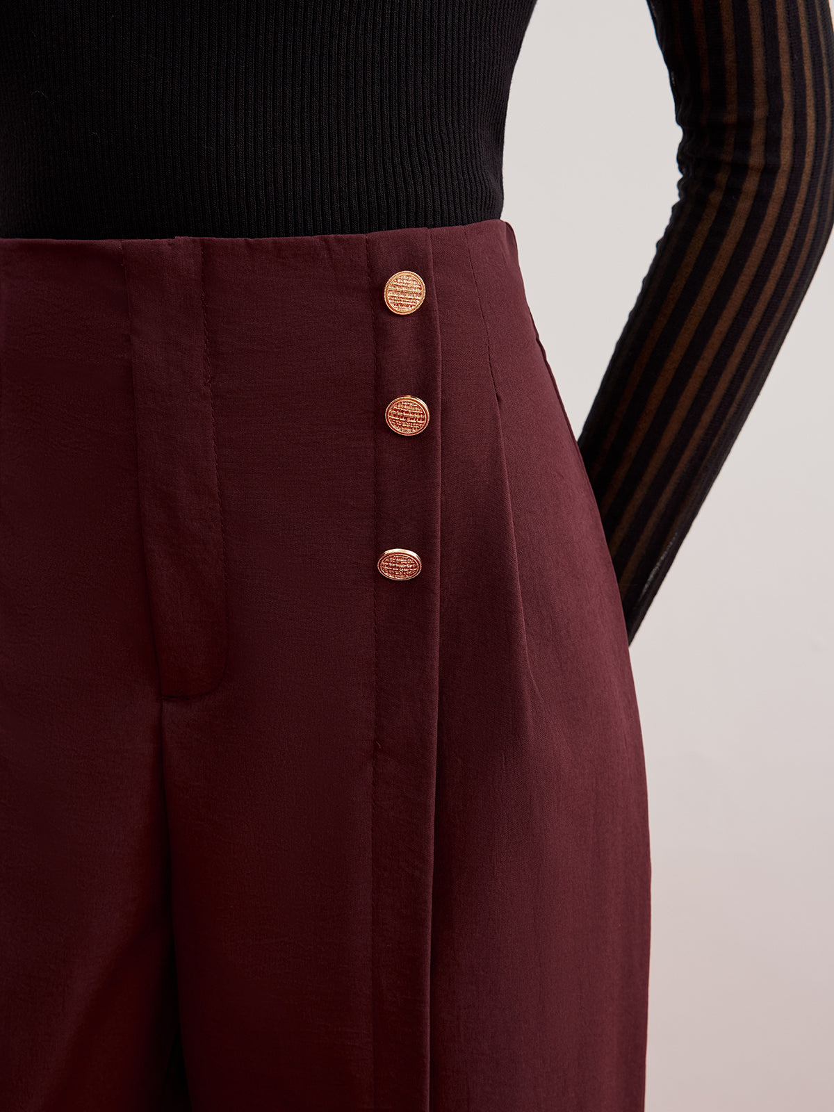 Düğme Detaylı Yırtmaçlı Bol Paça Pantolon