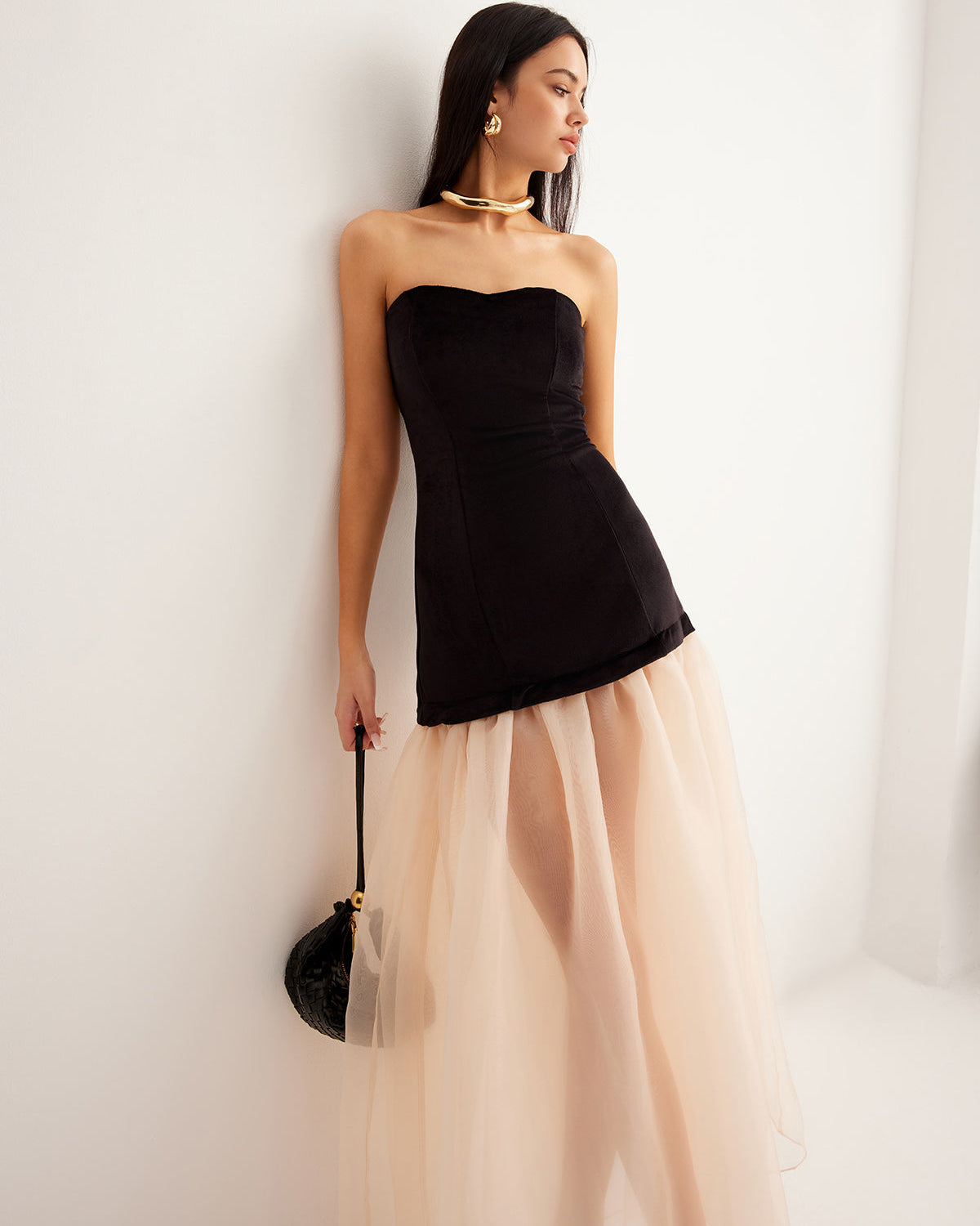 Kadife ve Tül Detaylı Transparan Elbise