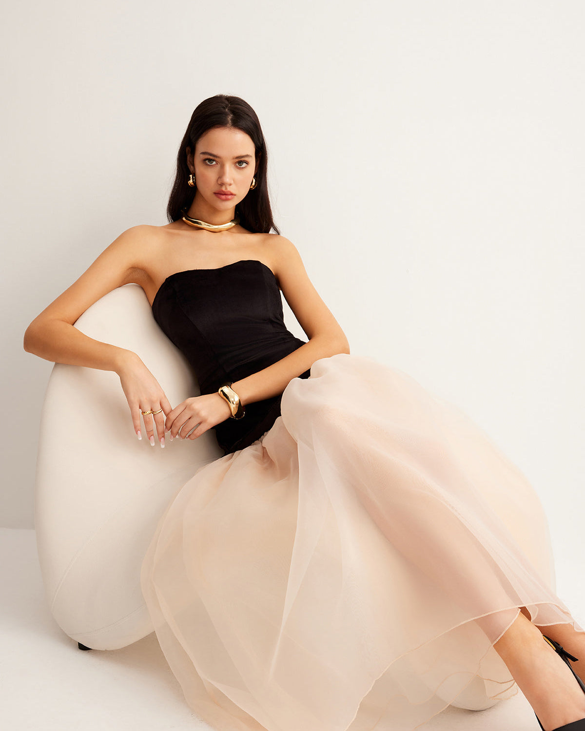 Kadife ve Tül Detaylı Transparan Elbise