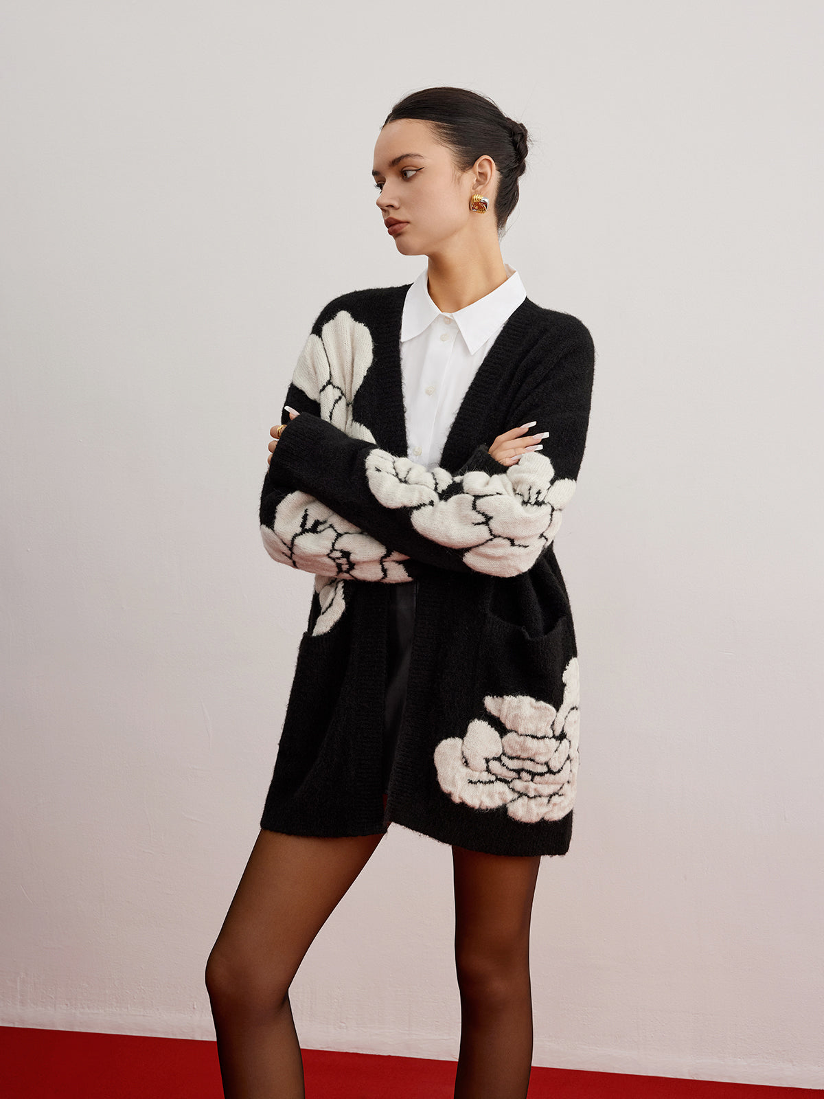 Yün Karışımlı Çiçek Desenli Triko Hırka