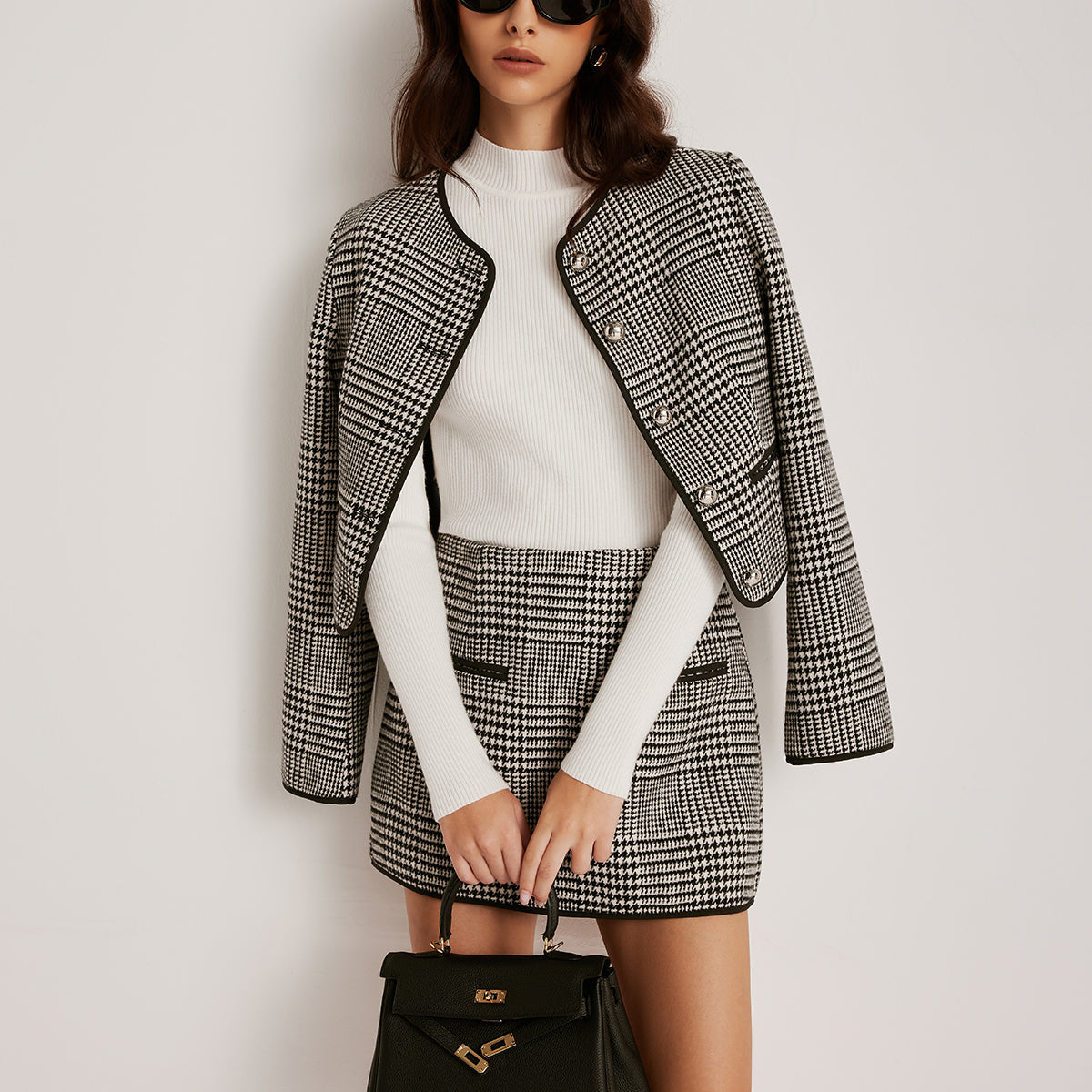 Kontrast Kesim Ekose Düğmeli Ceket