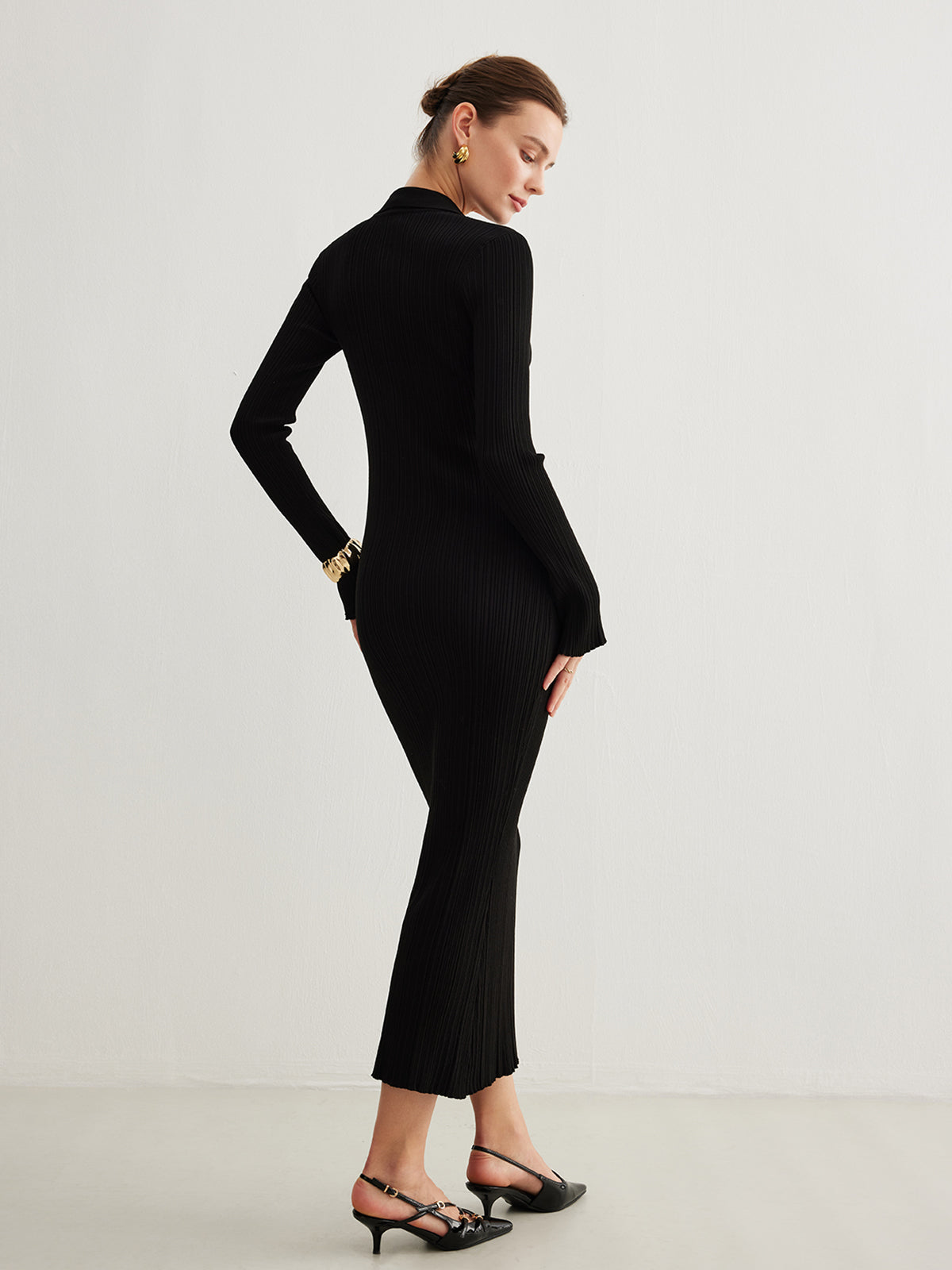 Metal Düğmeli Trompet Kollu Triko Uzun Elbise