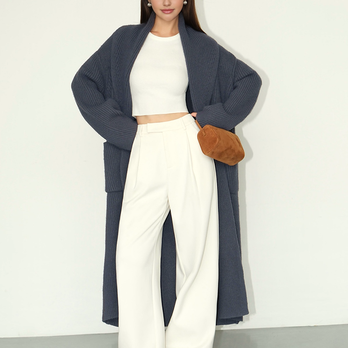 Ribanalı Cepli Basic Uzun Hırka