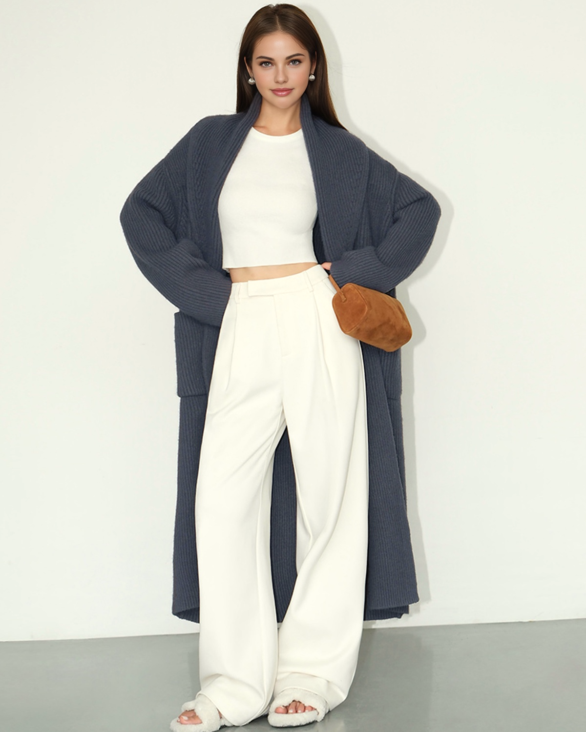 Ribanalı Cepli Basic Uzun Hırka