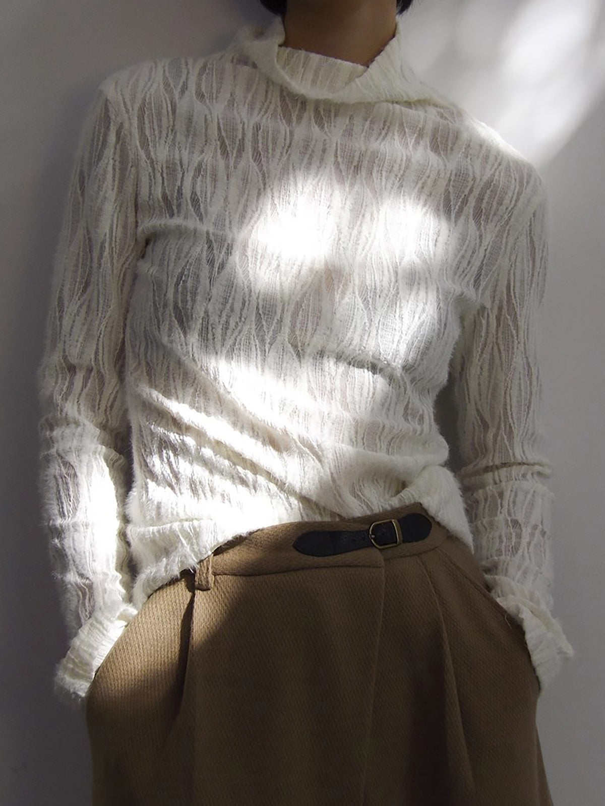 Yarım Transparan Pliseli Dik Yaka Bluz