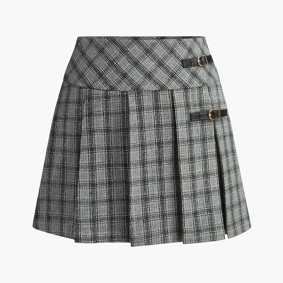 Kare Desenli Pileli Fermuarlı Mini Etek