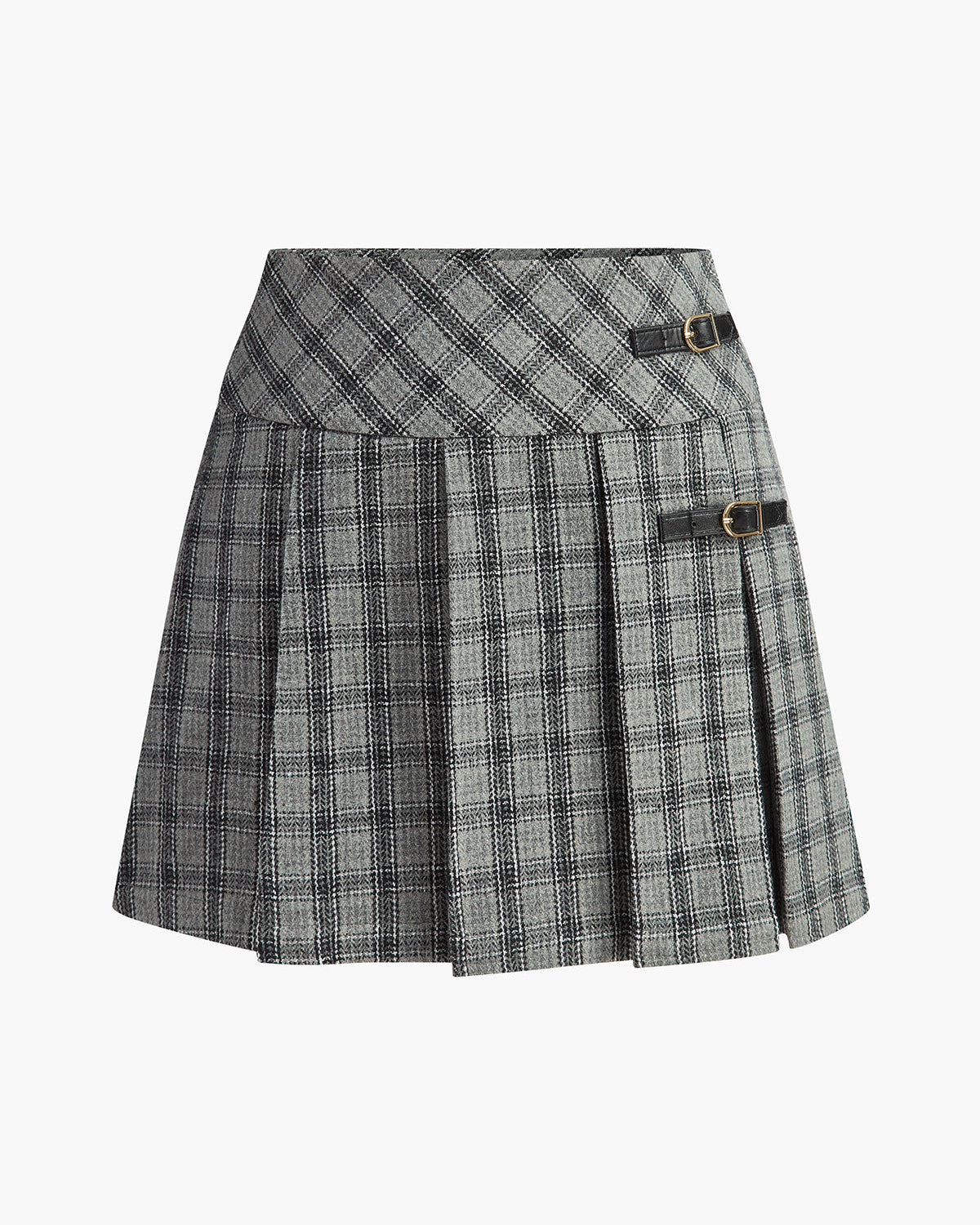 Kare Desenli Pileli Fermuarlı Mini Etek