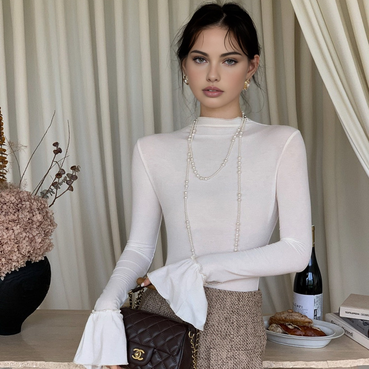 Düz Fırfır Manşetli Jarse Bluz