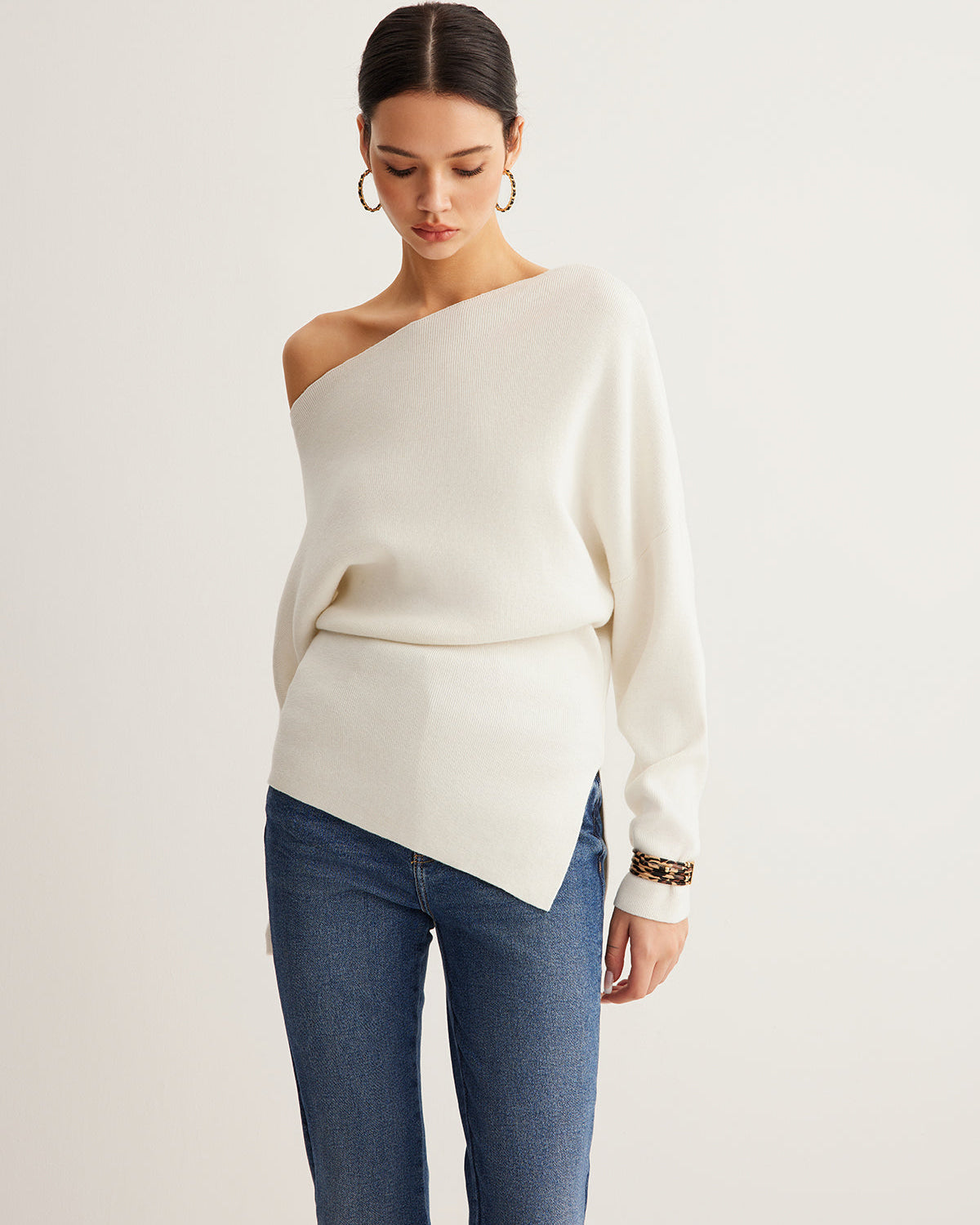 Yün Karışımlı Asimetrik Yaka Triko Bluz