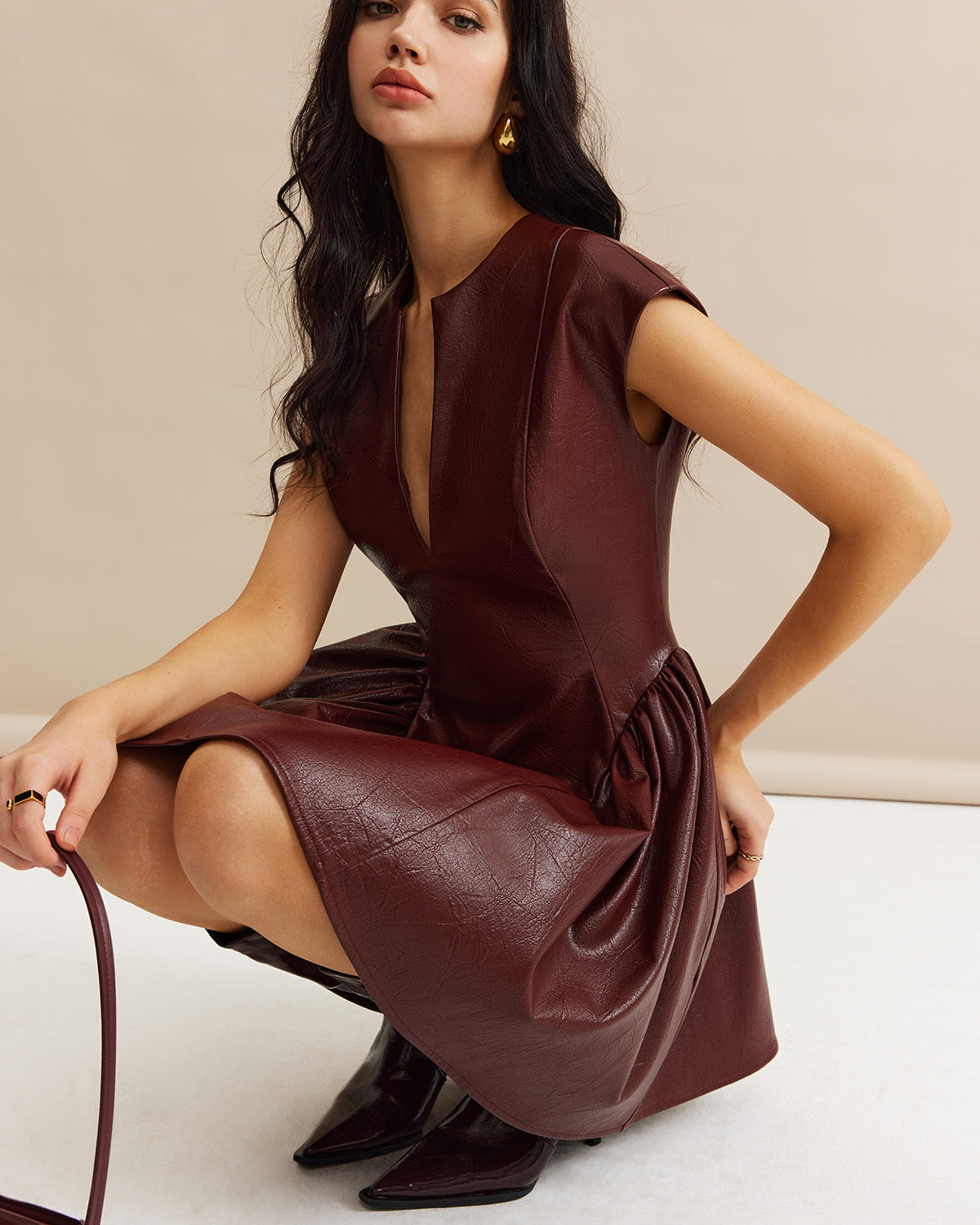 Suni Deri Panelli Pileli Elbise