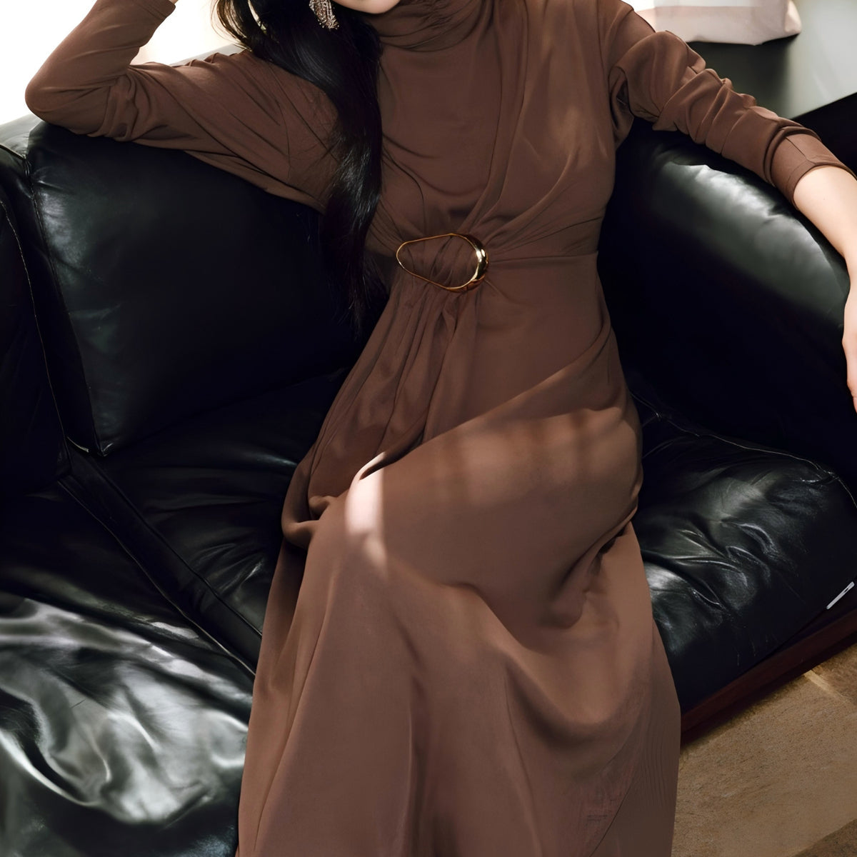 Turtleneck Düğümlü Pileli Uzun Elbise