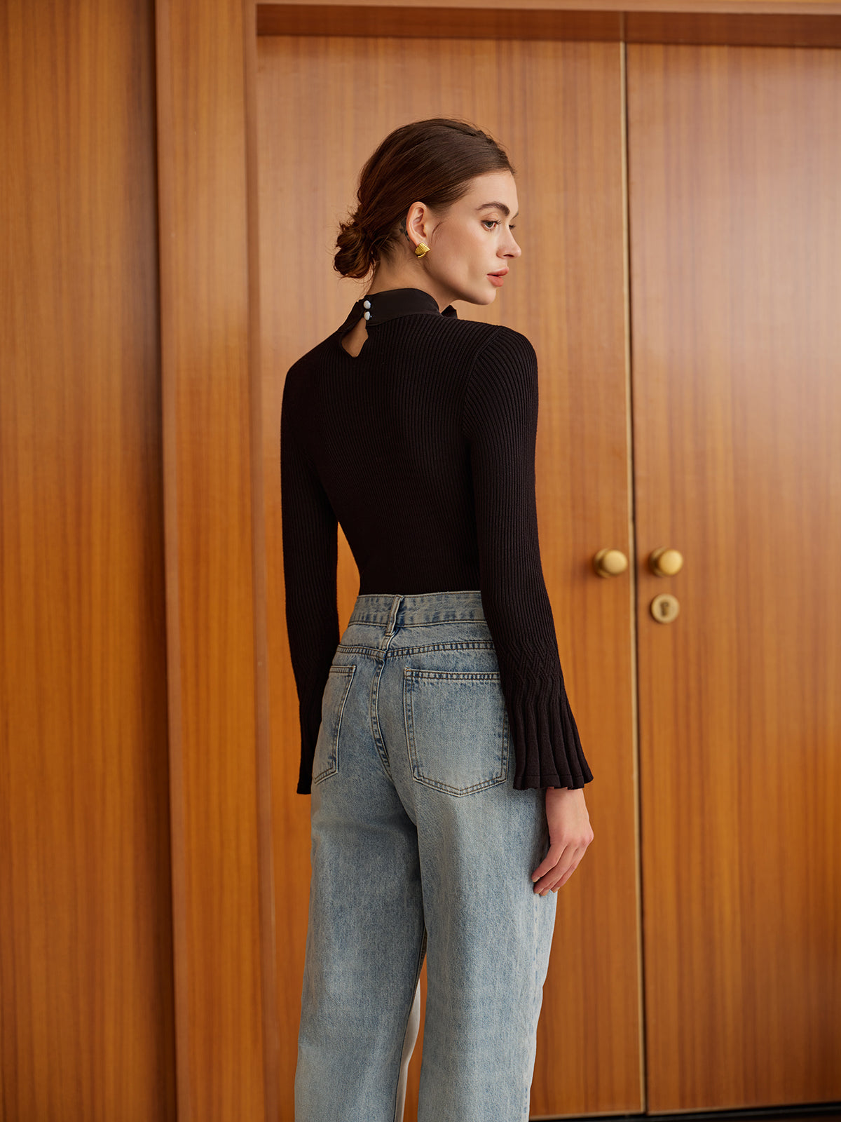 Bow Decor Bell Sleeve Triko Bluz