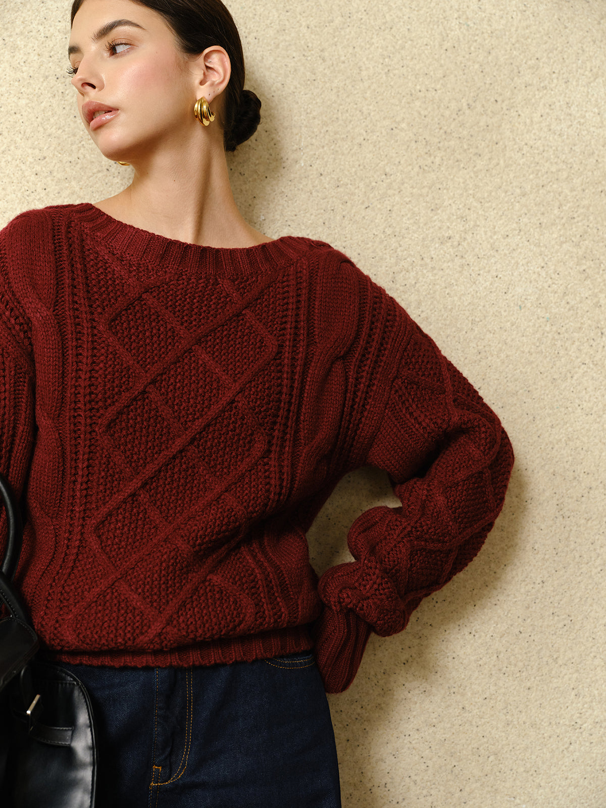 Günlük Bisiklet Yaka Örgü Desenli Üst