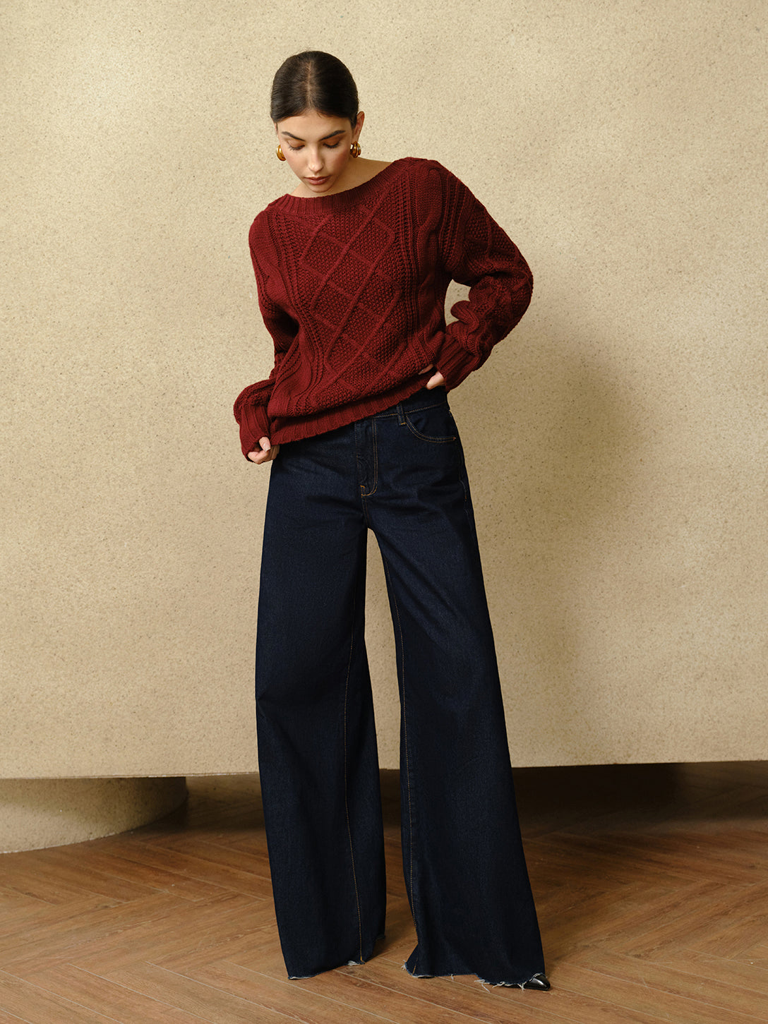 Günlük Bisiklet Yaka Örgü Desenli Üst