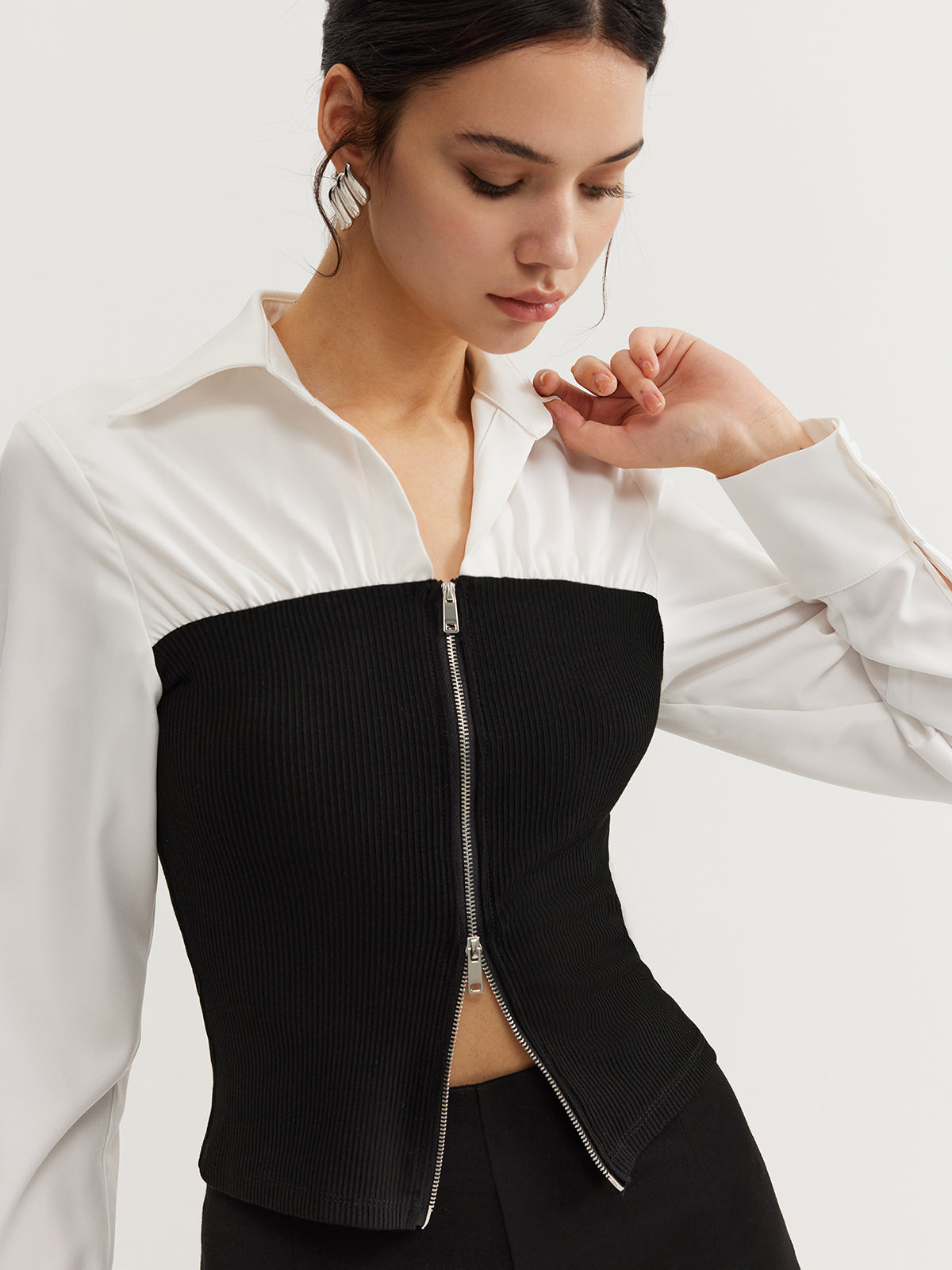 Çift Fermuarlı Renk Bloklu Polo Yaka Tişört