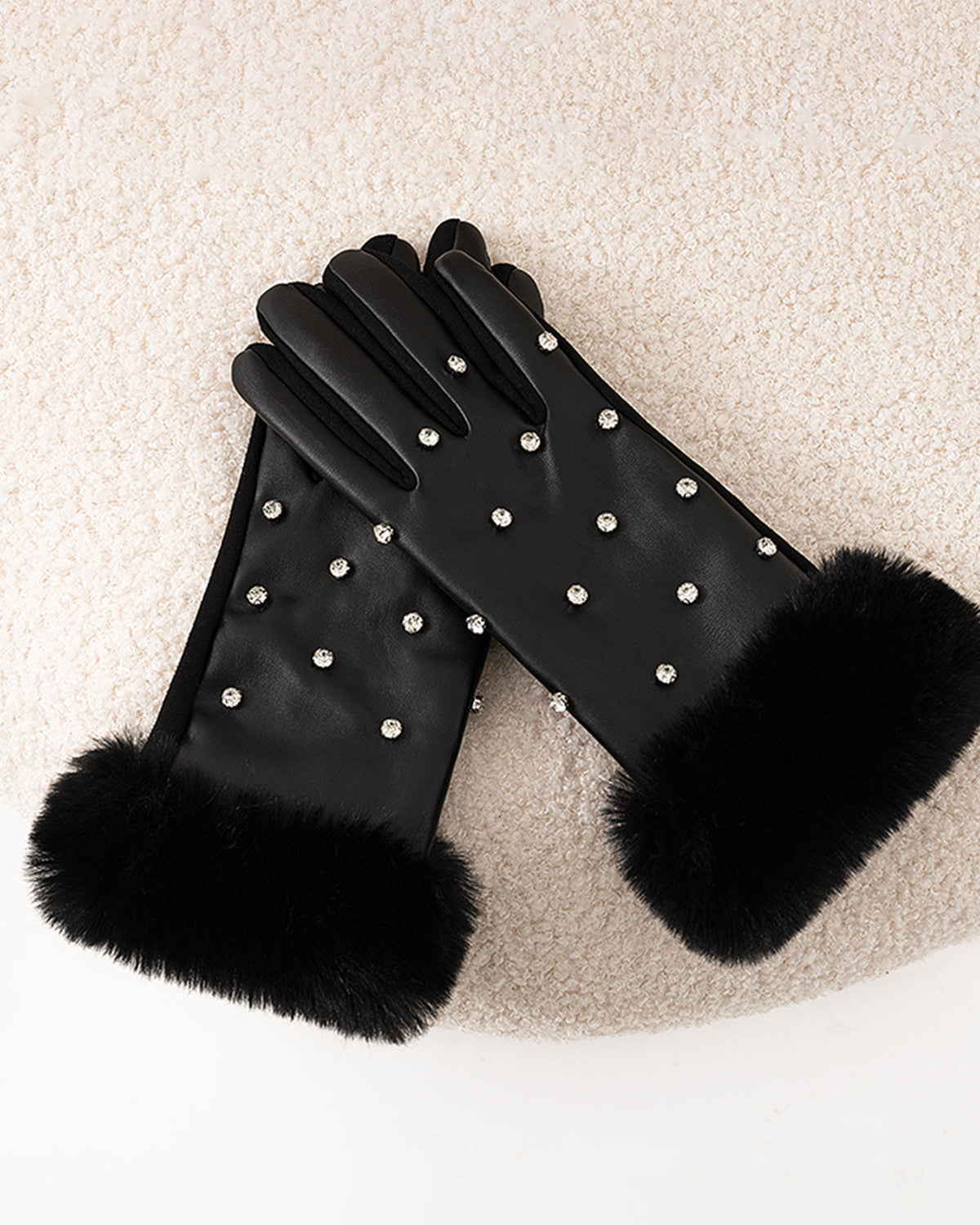 Taş Detaylı Peluş Manşetli Eldiven