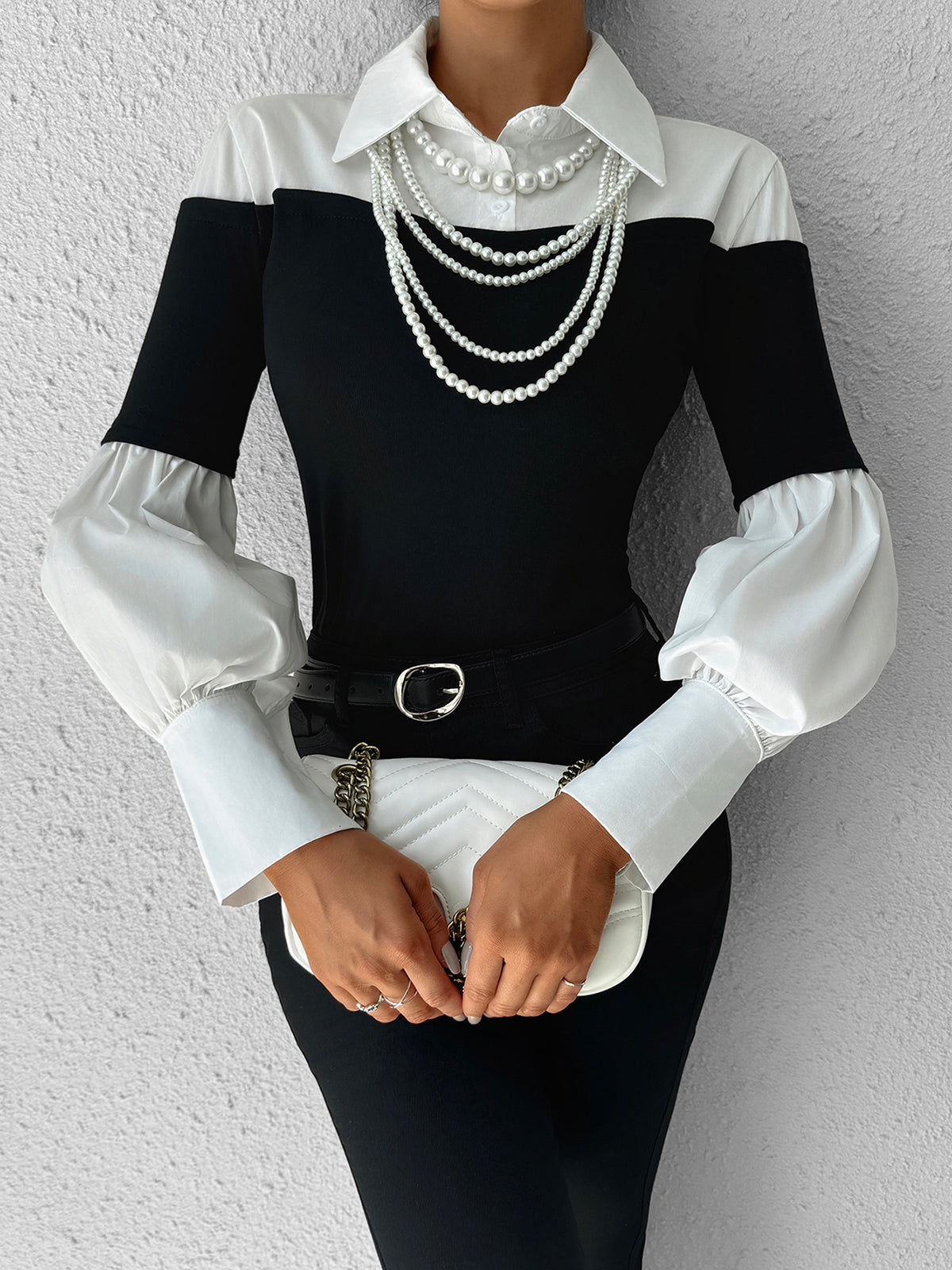 Renk Bloklu İnce Yaka Üst