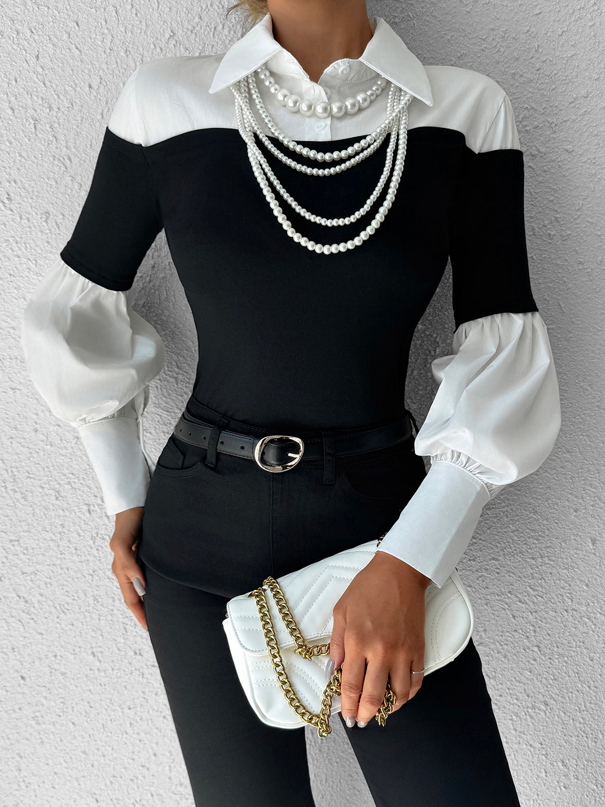 Renk Bloklu İnce Yaka Üst