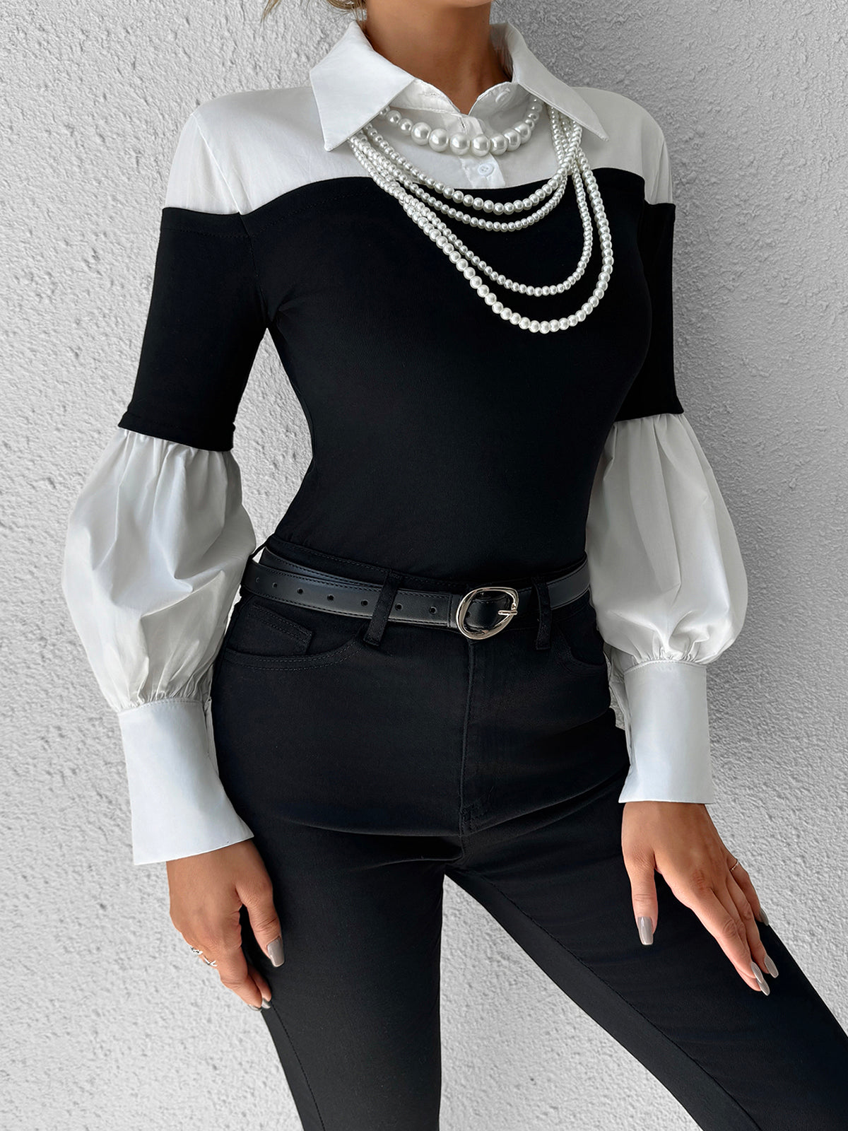 Renk Bloklu İnce Yaka Üst