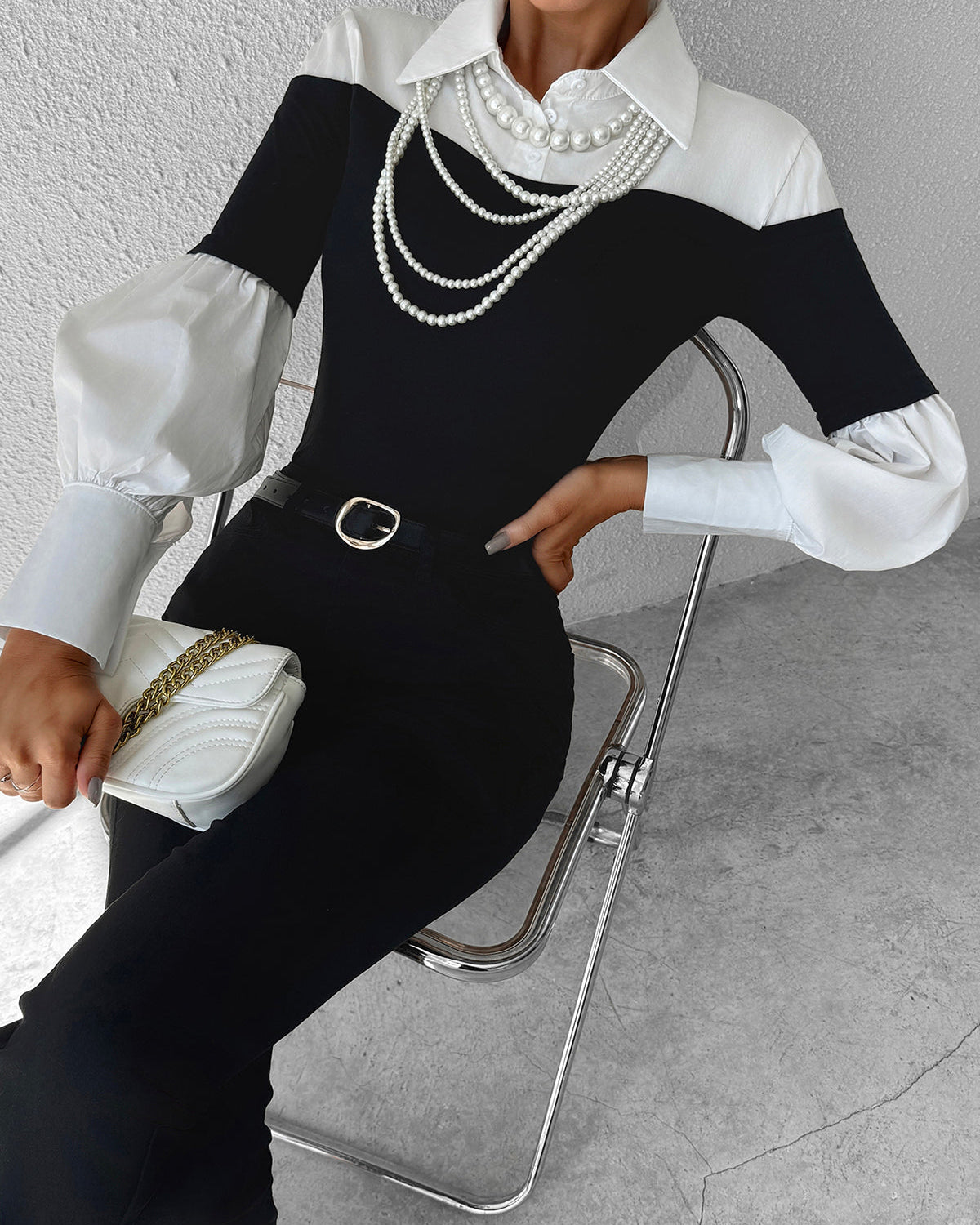 Renk Bloklu İnce Yaka Üst