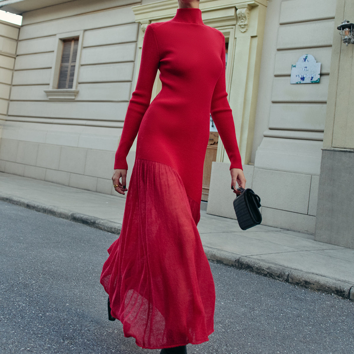 Yarım Balıkçı Yaka Pile Detaylı Triko Elbise