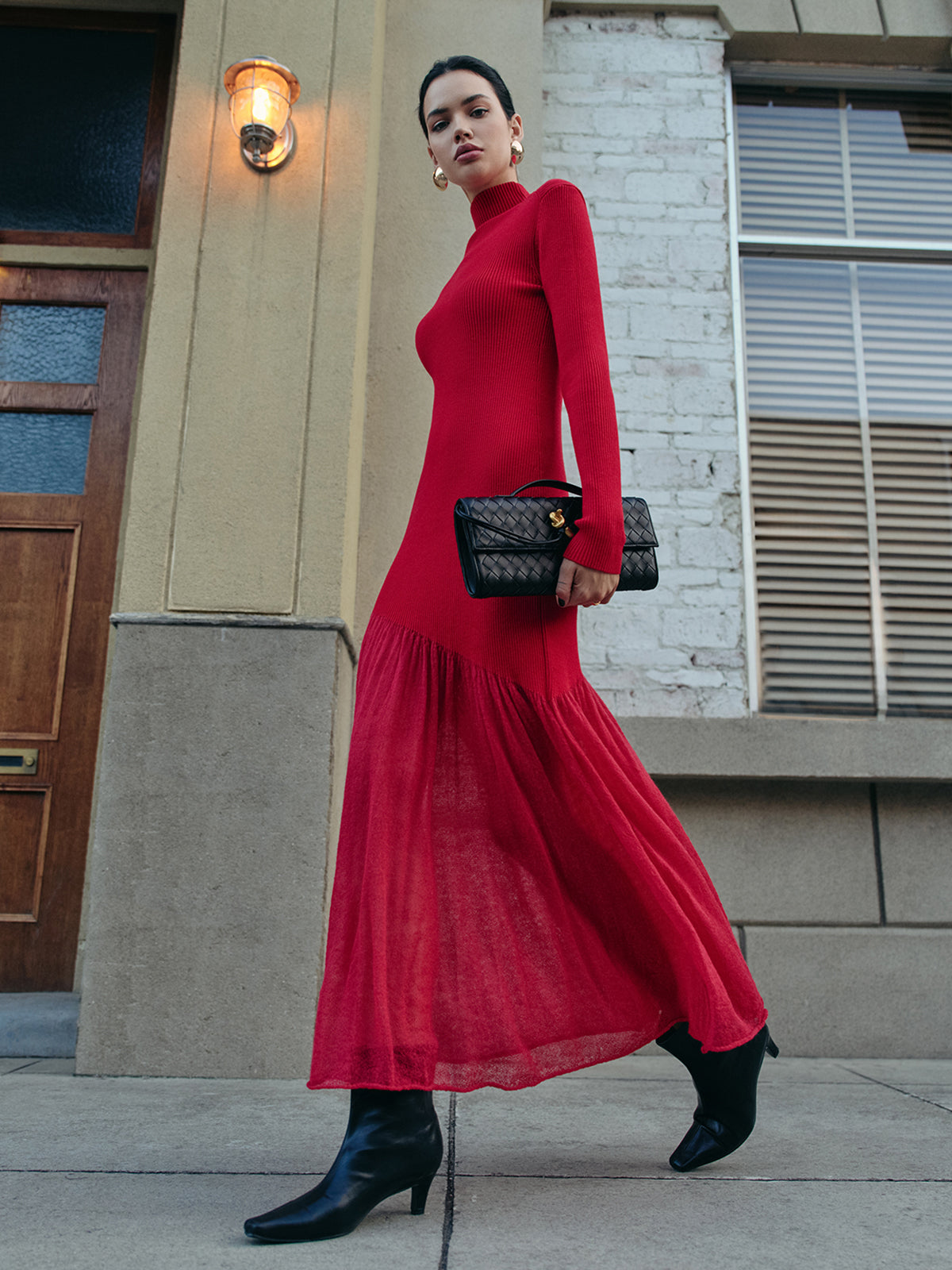 Yarım Balıkçı Yaka Pile Detaylı Triko Elbise