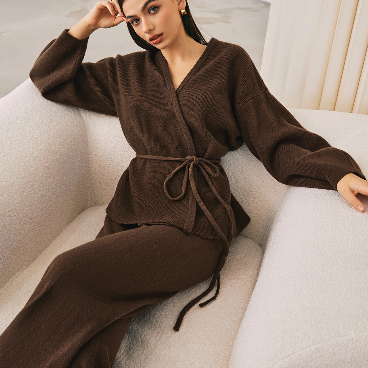 Kușaklı Sarmal Triko Pantolon Takımı