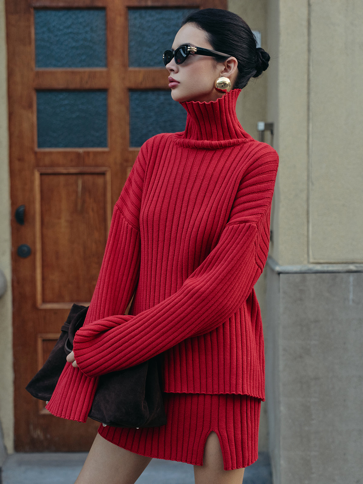 Düz Fitilli Yırtmaçlı Triko Etek Takımı