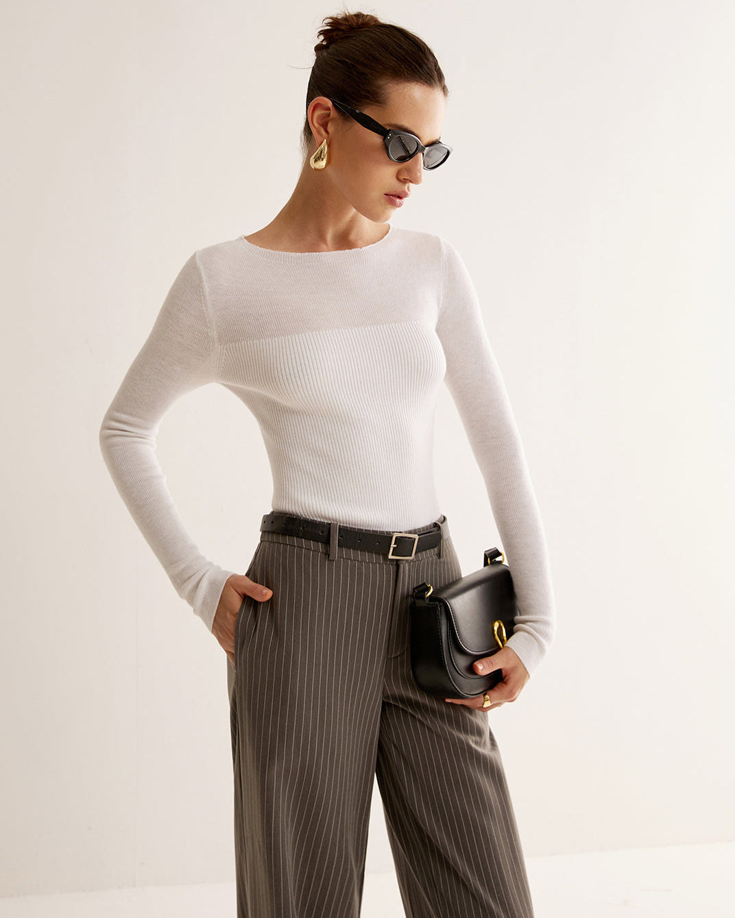 Yün Karışımlı Panelli Dar Triko Kazak