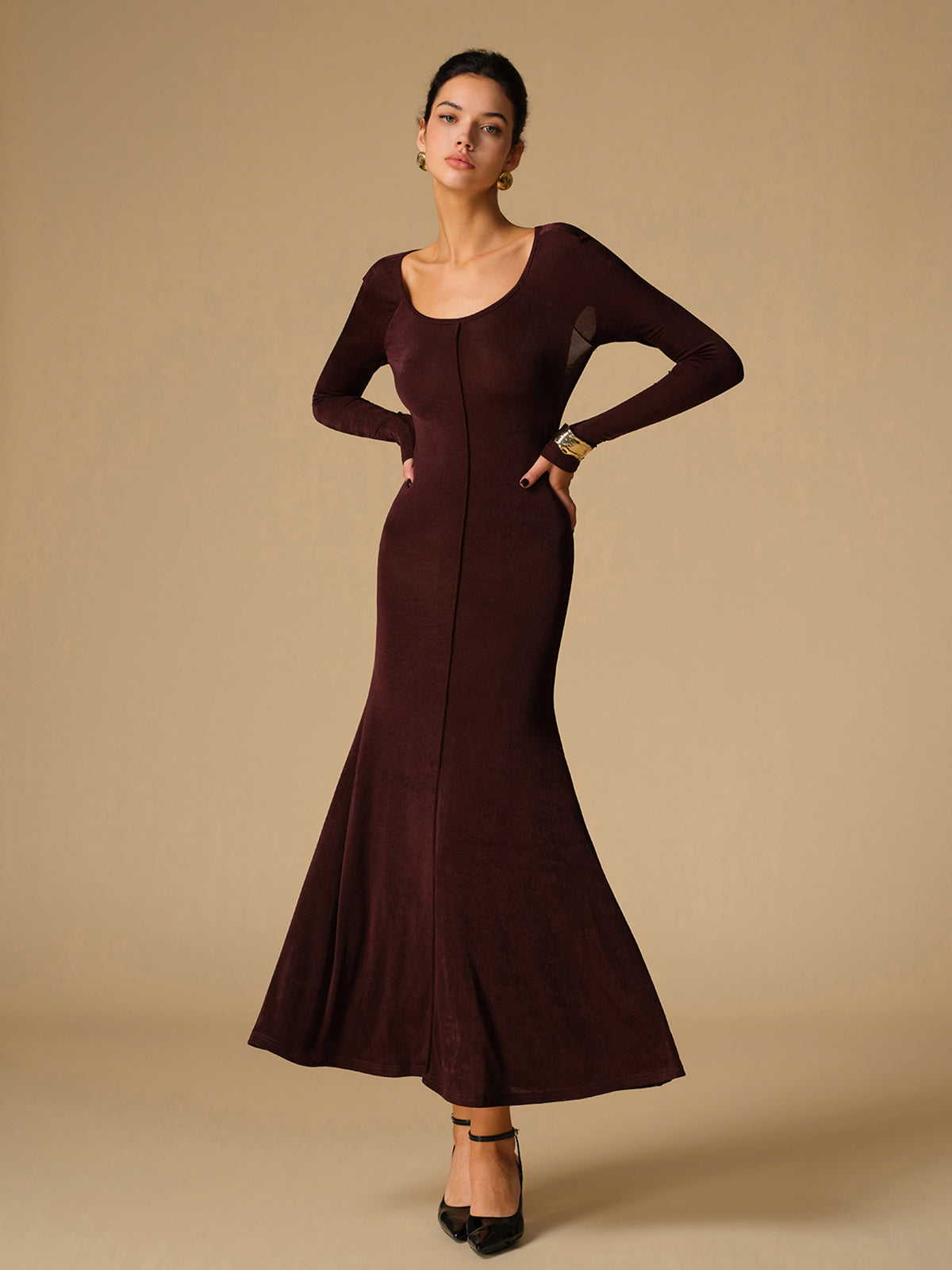 Bağlamalı Yaka Sırt Dekolteli Jarse Uzun Elbise