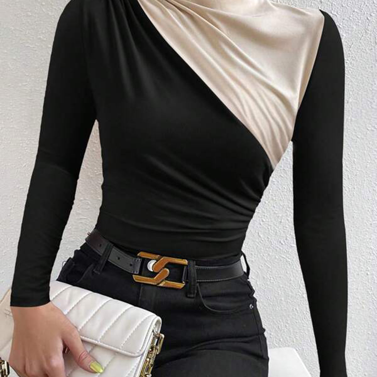 Renk Bloklu Uzun Kollu Bluz