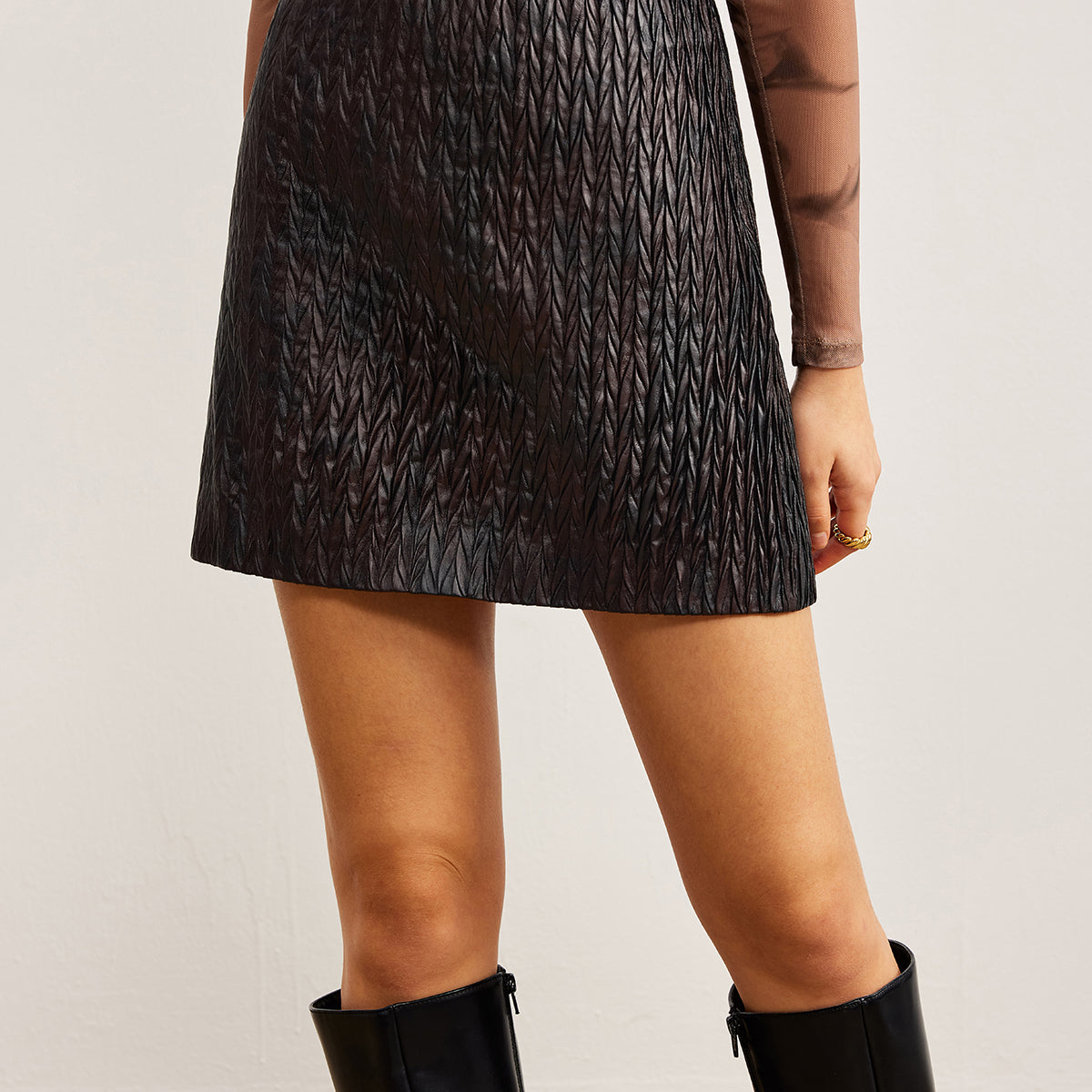 Dokulu Suni Deri Fermuarlı Etek