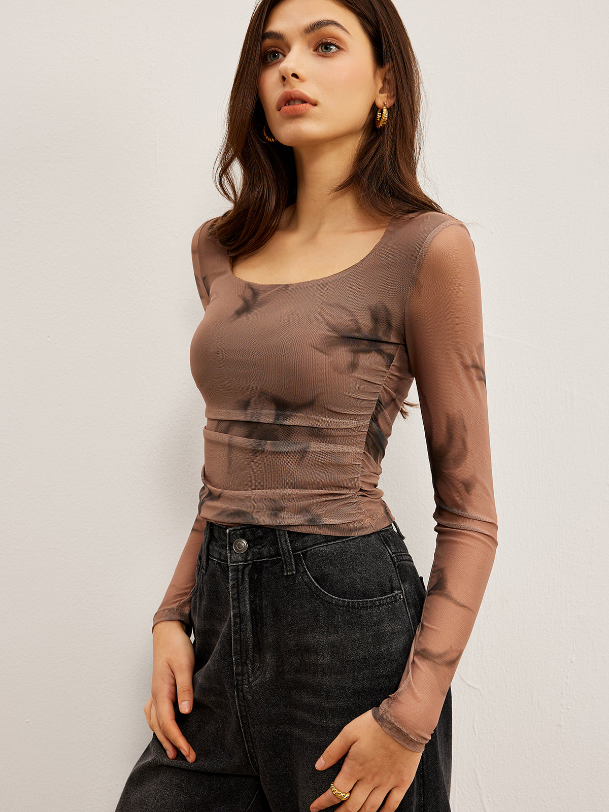 Batık Desenli Çiçek Baskılı File Bluz