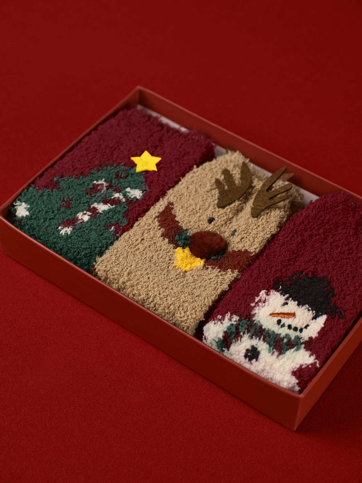 Kutulu 3'lü Noel Koral Kadife Çorap Seti
