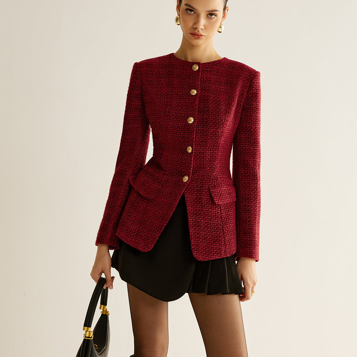 Düğmeli Yırtmaçlı Tweed Blazer Ceket