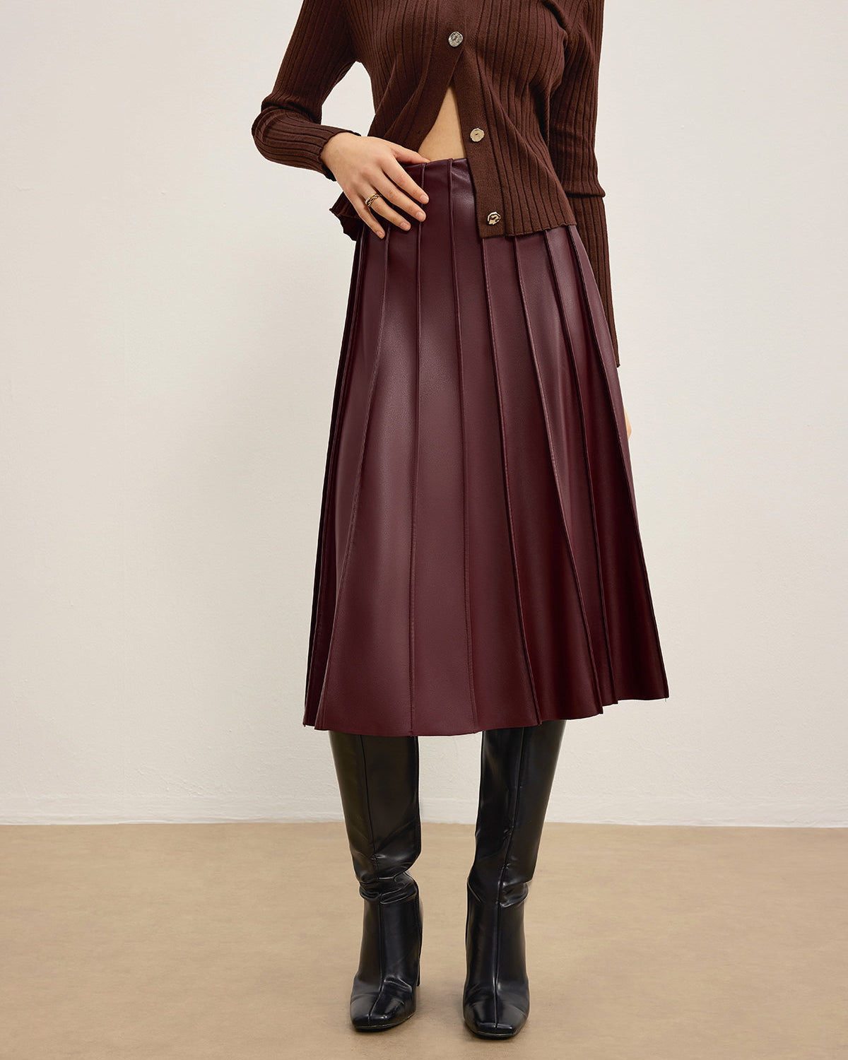 Suni Deri Pileli Midi Etek