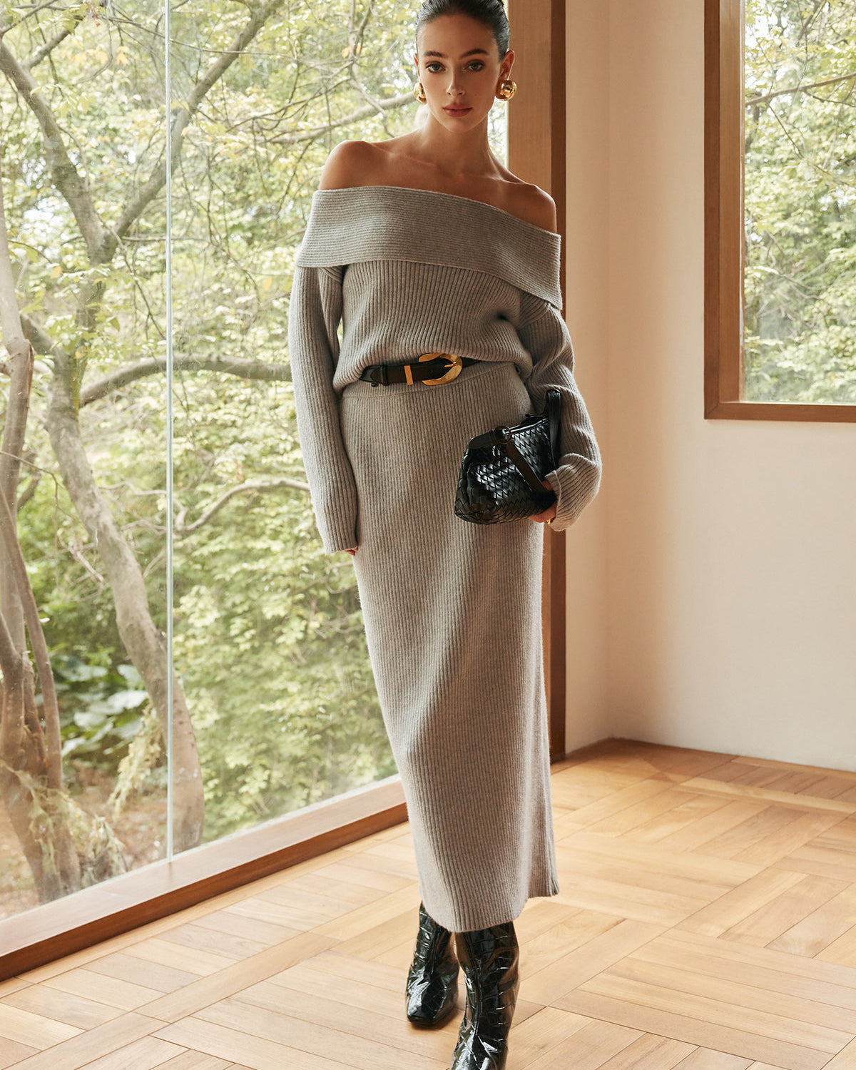 Kemersiz Ribana Omuz Açık Triko Takım