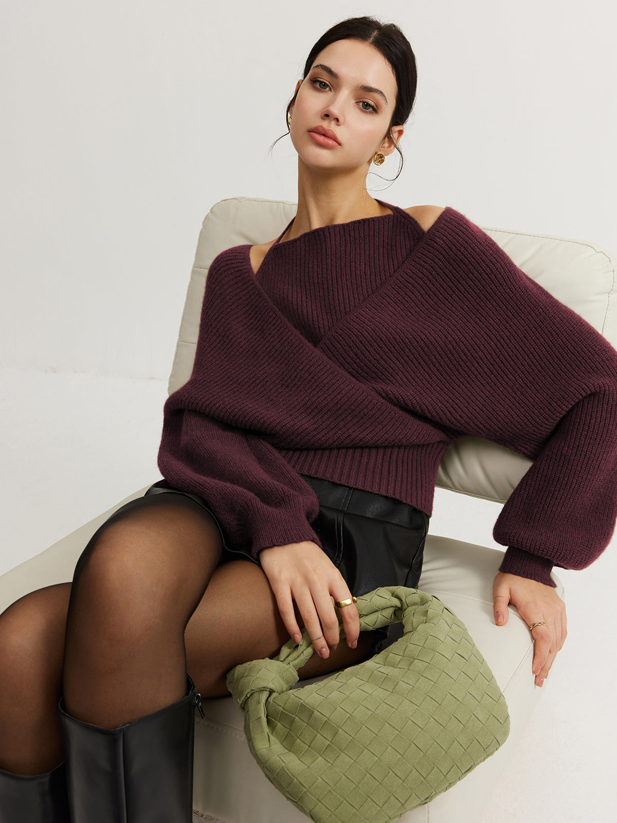 2’si 1 Arada Yarasa Kol Halter Yaka Triko Üst