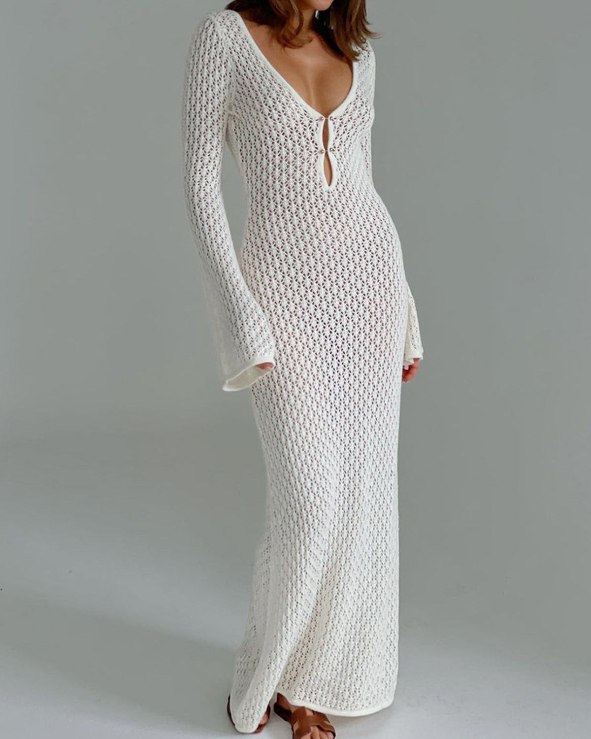 Uzun Kollu Açık Sırtlı Uzun Elbiseyi Kapat