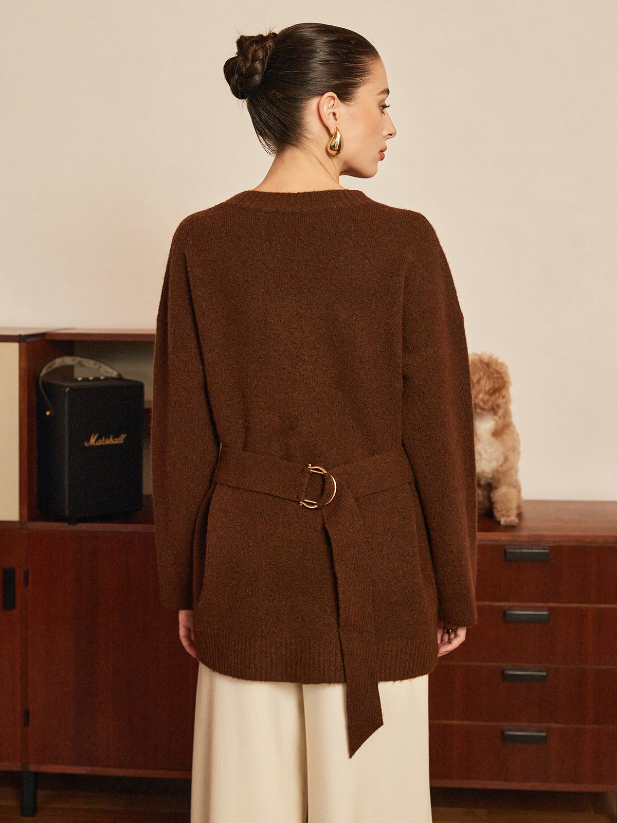 Yün Karışımlı Metal Düğmeli Kemerli Hırka