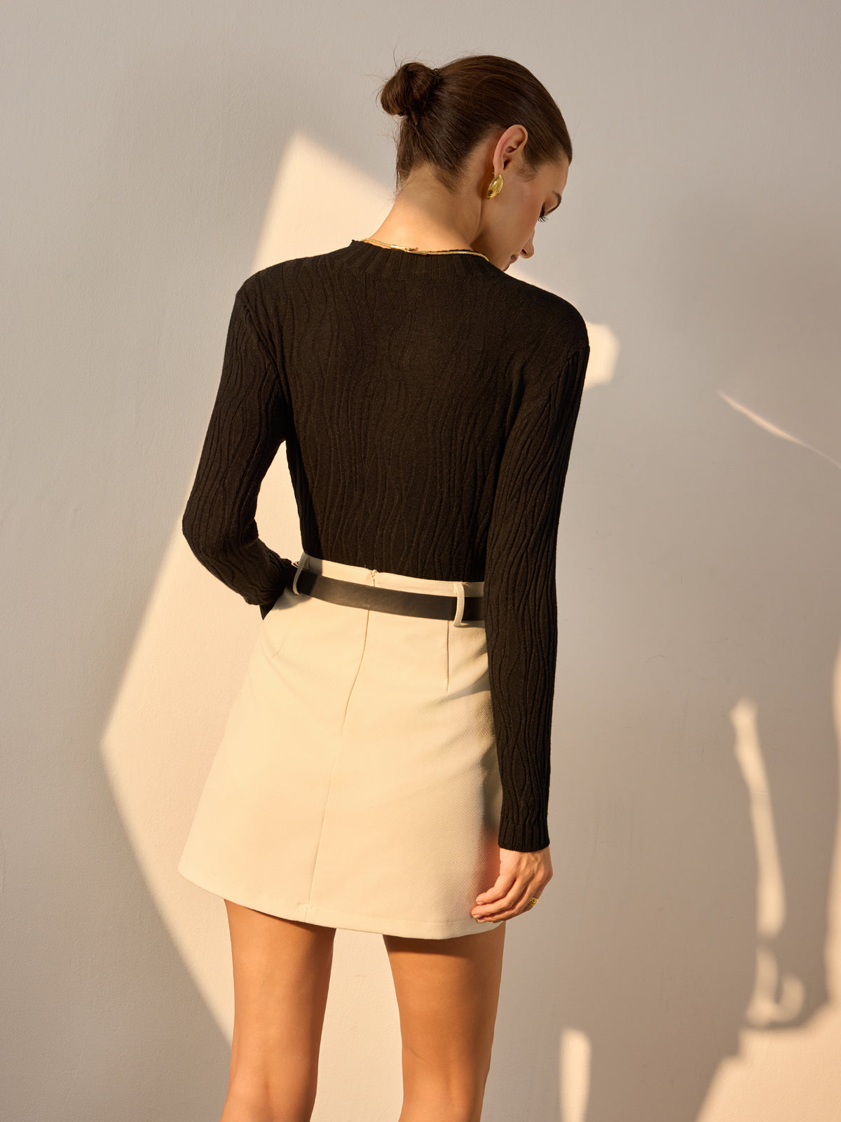 Minimalist Slim Pliseli Triko Üst Kazak