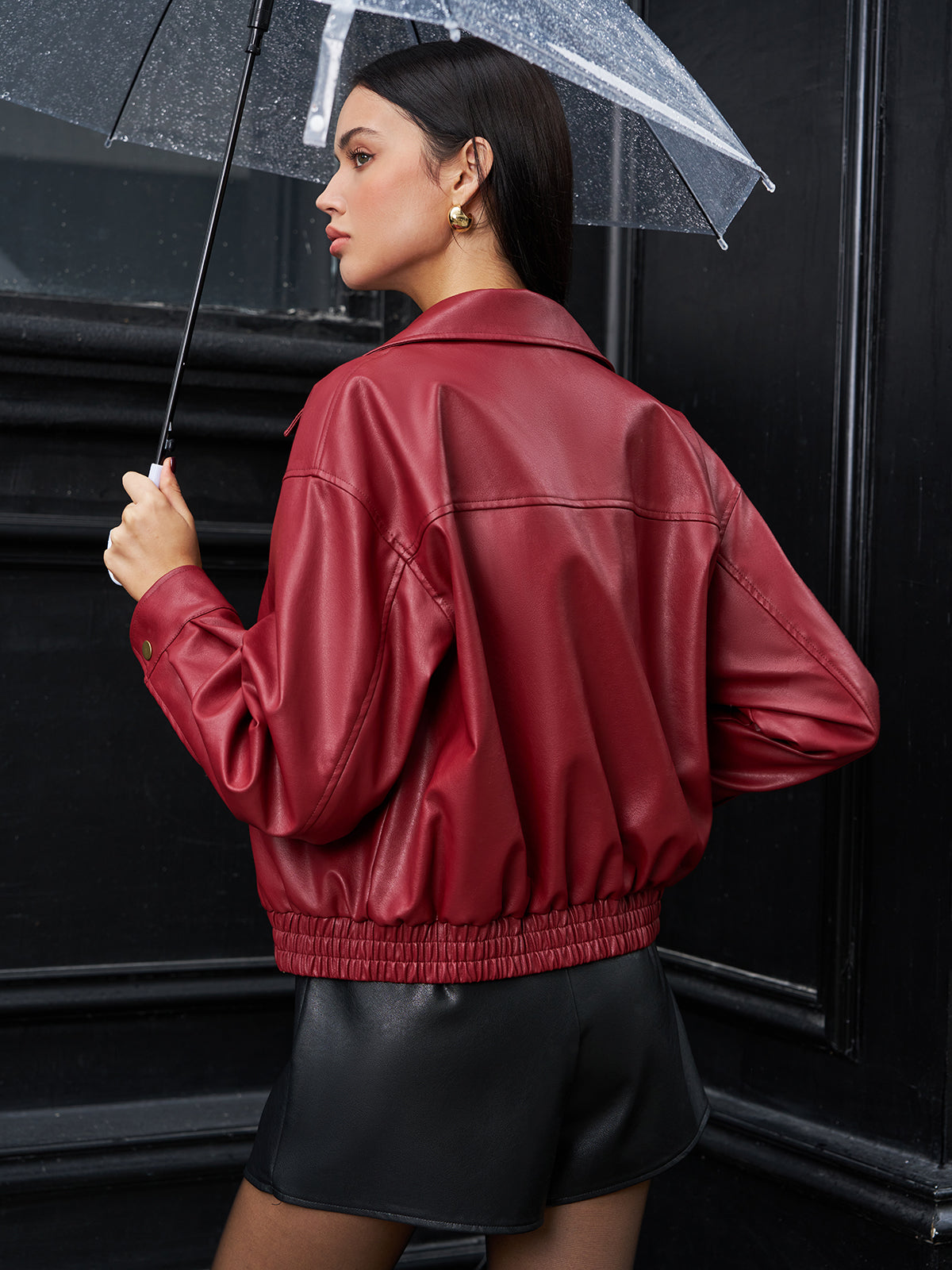 Fermuarlı Polo Yaka Suni Deri Ceket