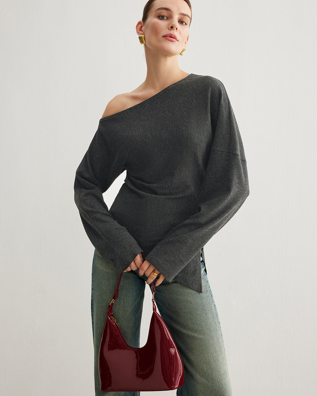 Asimetrik Yaka Yırtmaç Detaylı Büzgülü Bluz