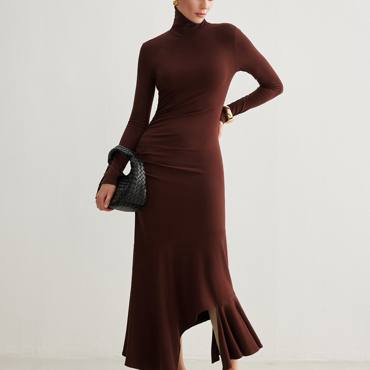 Balıkçı Yaka Asimetrik Pileli Maxi Elbise