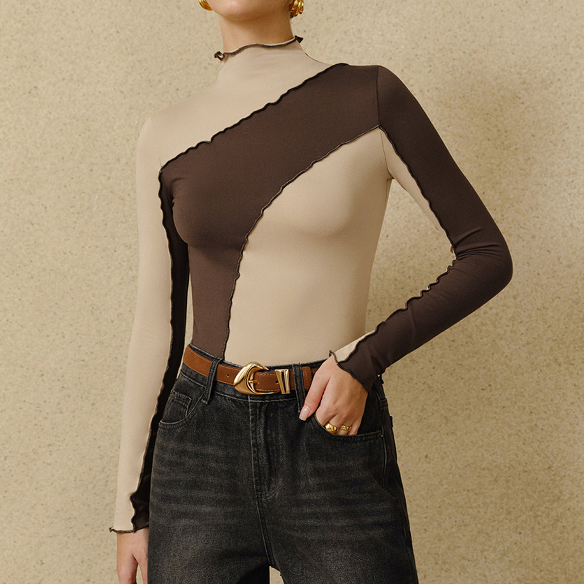 Yarı Transparan Renk Bloklu Dikişli Jersey Üst