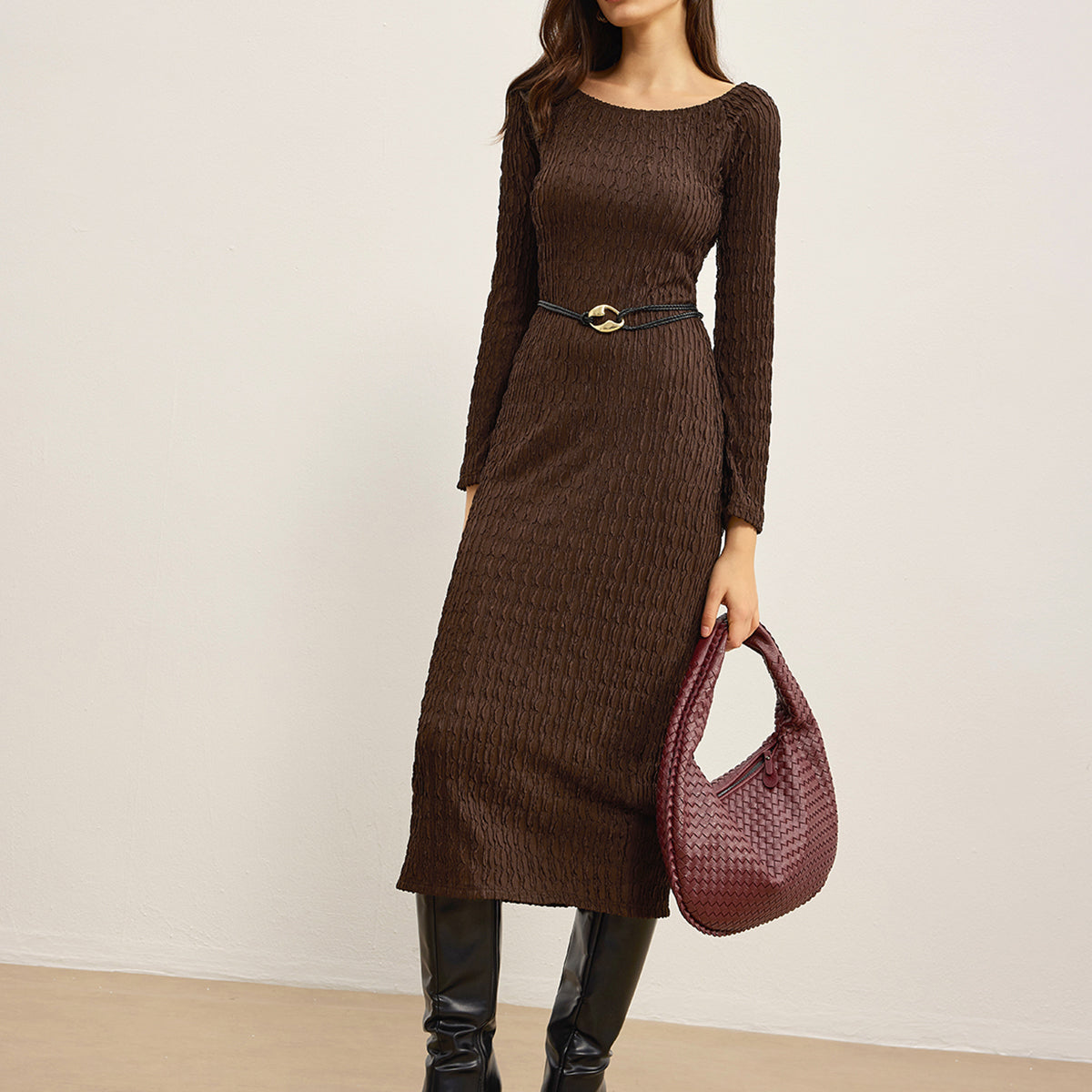 Düz Kırışık Dokulu Kemerli Olmayan Elbise