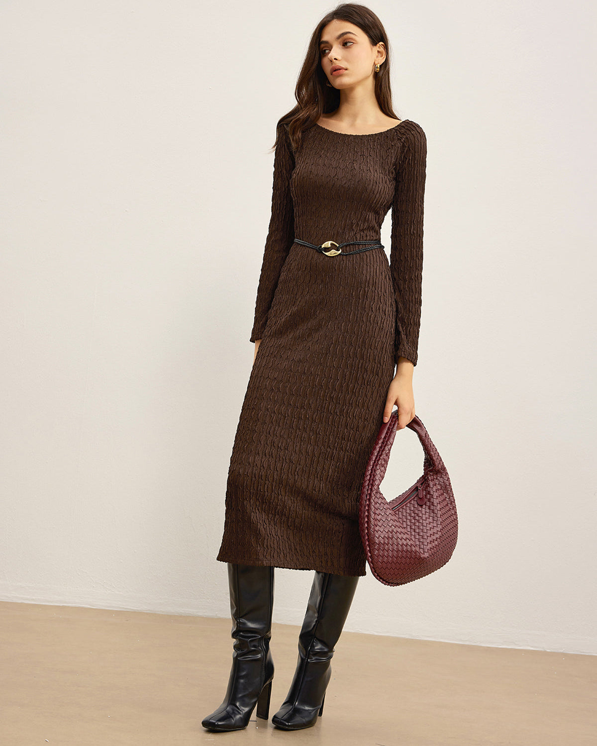 Düz Kırışık Dokulu Kemerli Olmayan Elbise