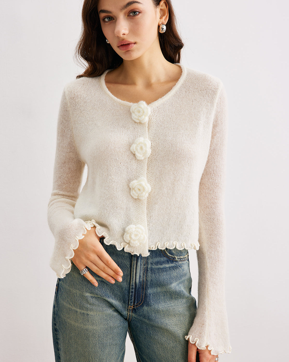 Yün Karışımlı Volanlı 3D Çiçek Detaylı Hırka