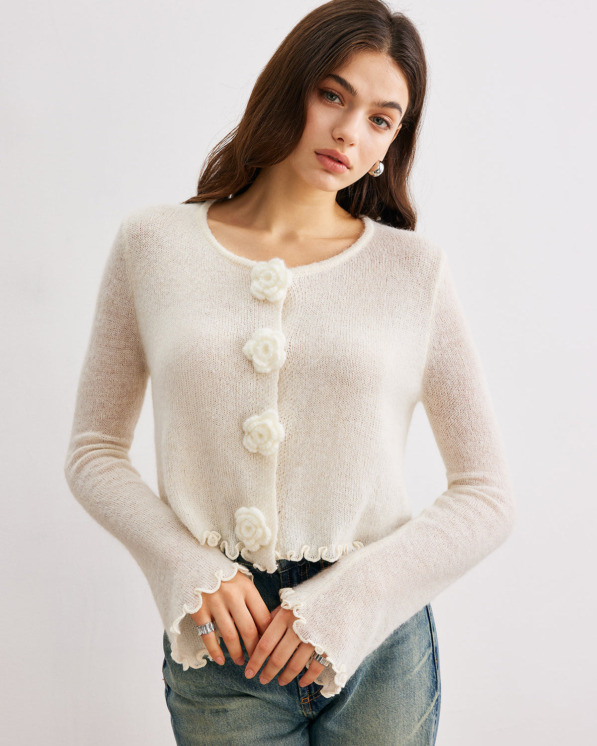 Yün Karışımlı Volanlı 3D Çiçek Detaylı Hırka