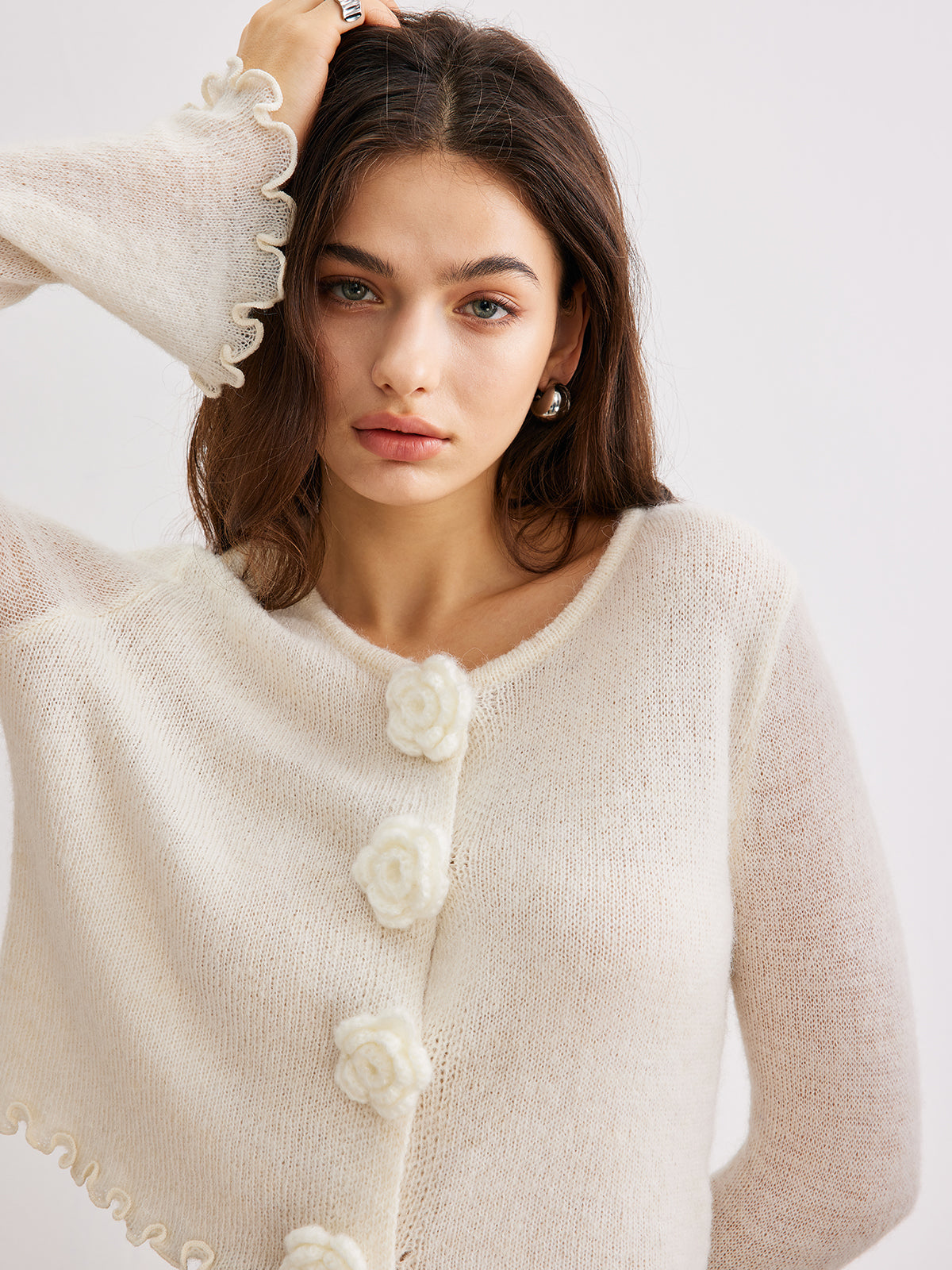 Yün Karışımlı Volanlı 3D Çiçek Detaylı Hırka